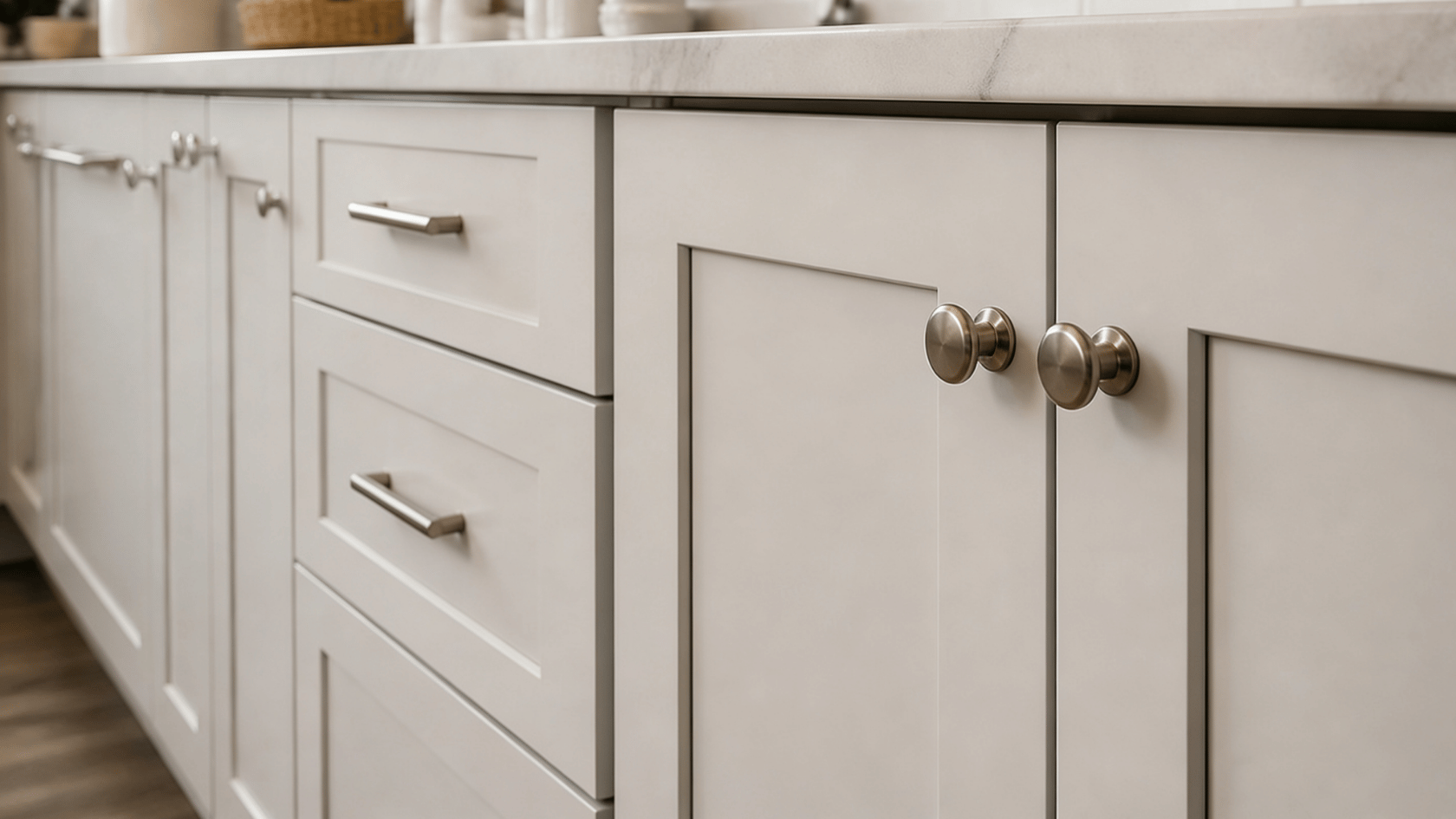 Modern cabinet knobs and drawer pulls installed on kitchen cabinets