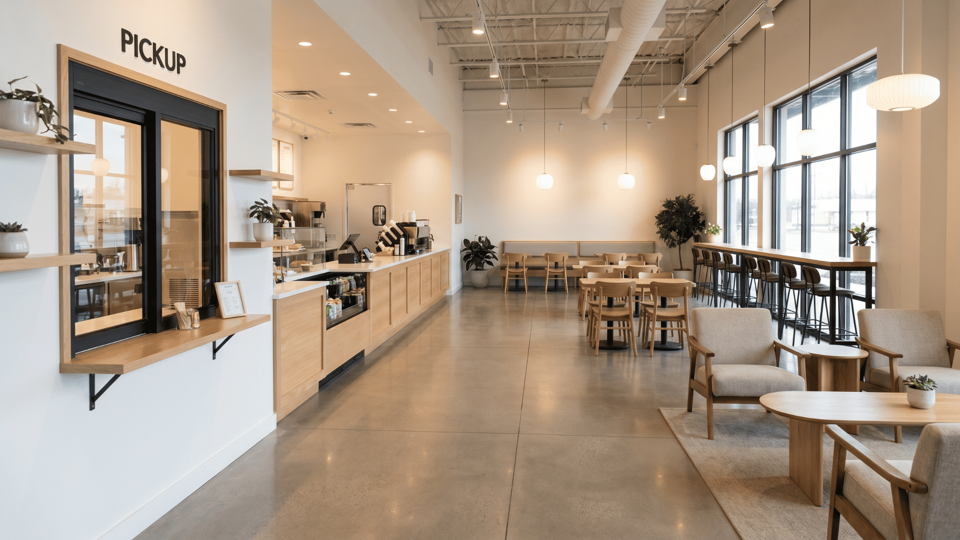 _Modern cafe interior with separate ordering, pickup, and seating sections connected by open walkways