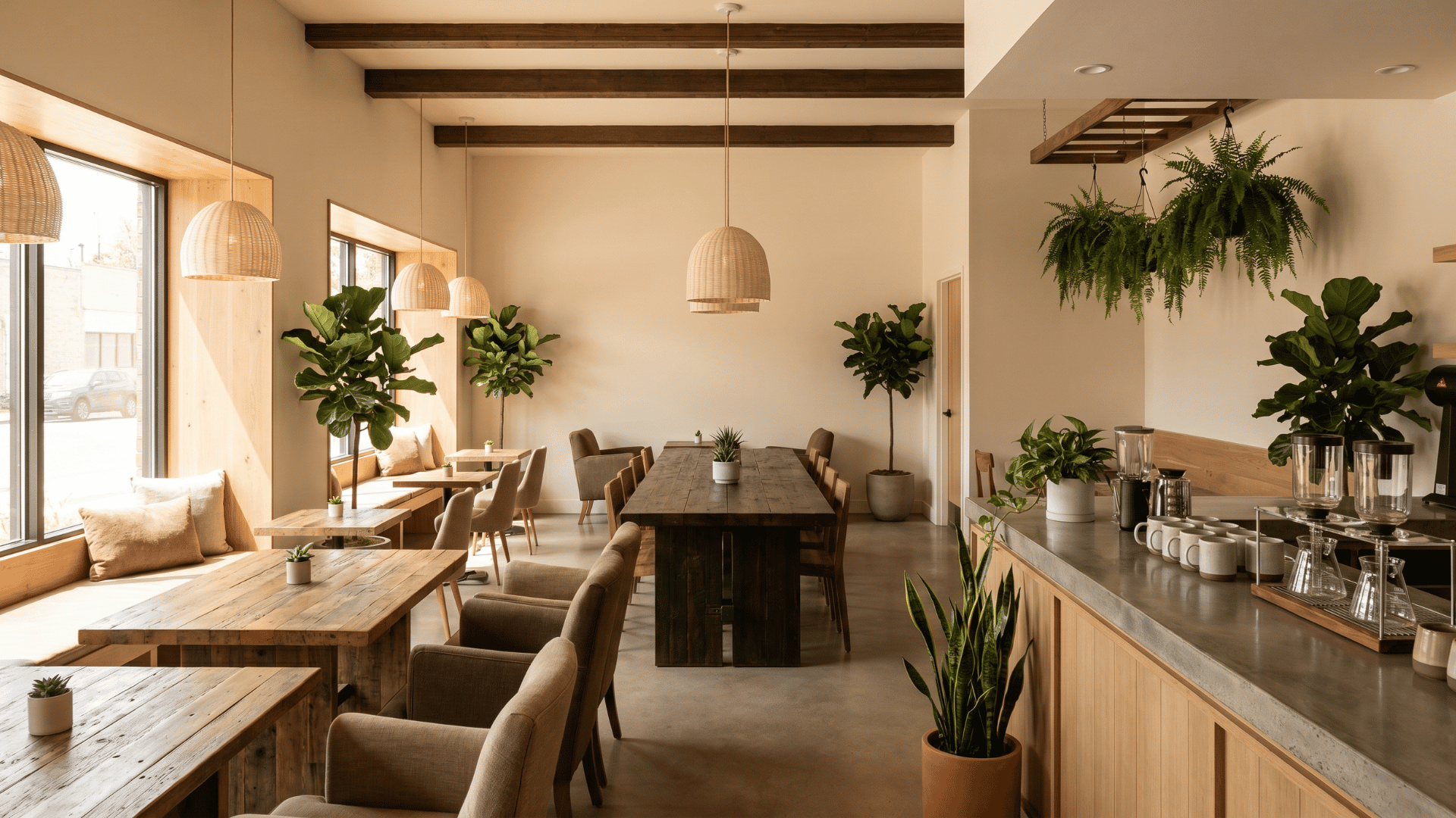 Modern cafe interior with warm seating, pendant lighting, wood finishes, and indoor plants
