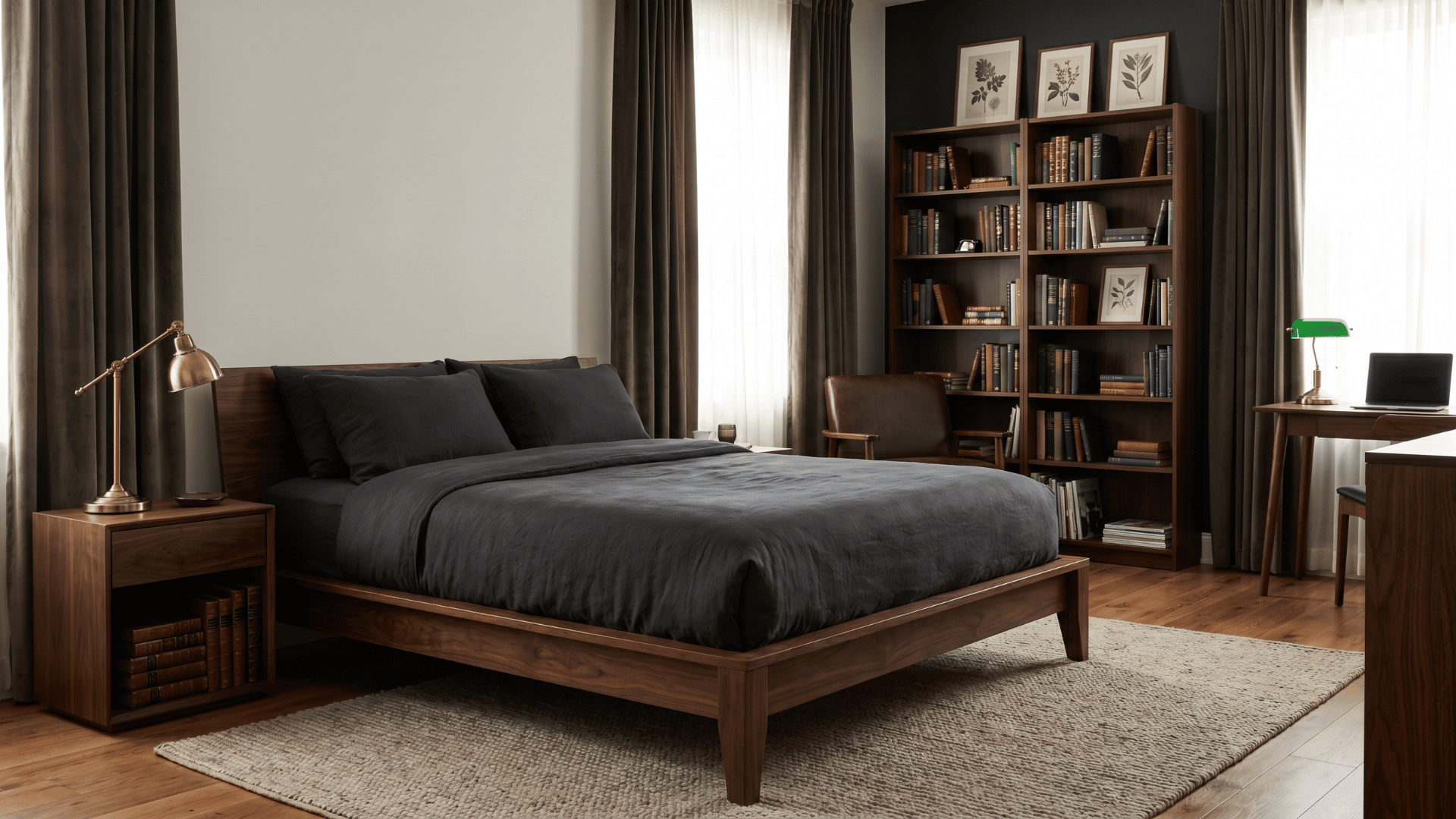 Modern <echighlighted>dark academia bedroom</echighlighted> with dark bedding, wood furniture, and books