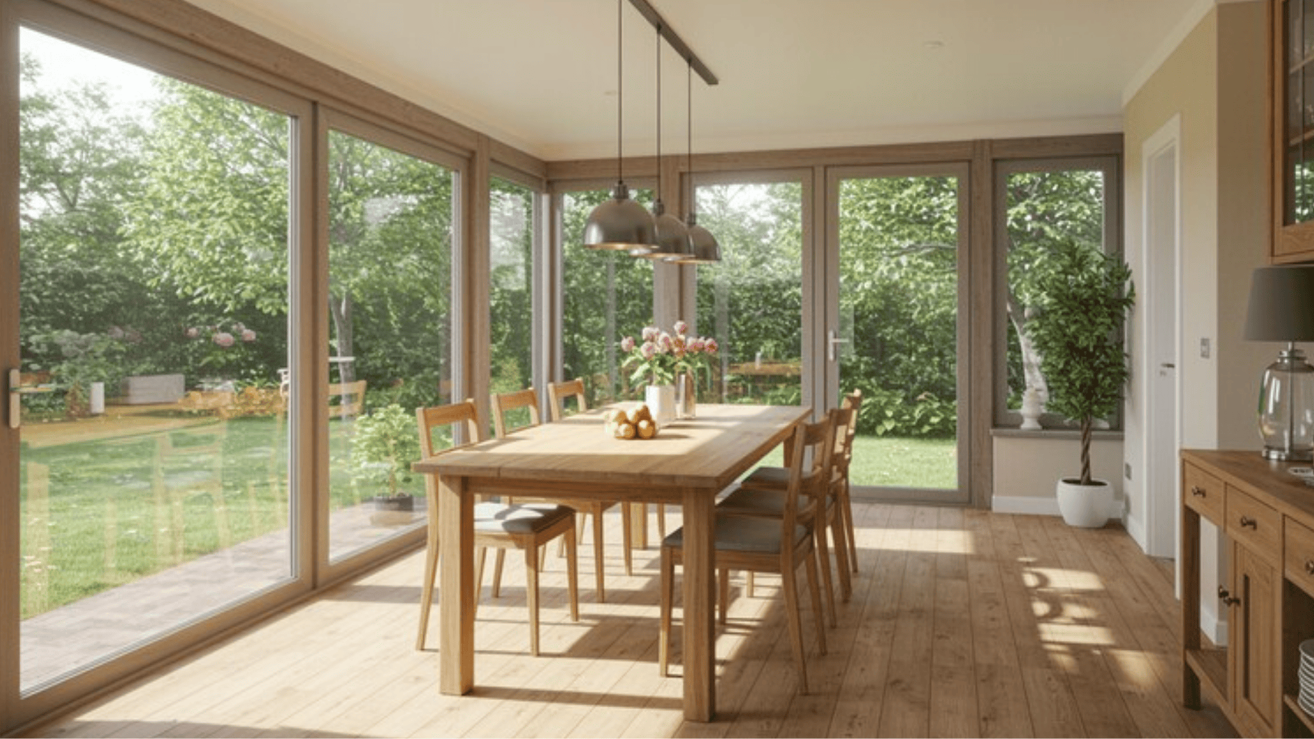 modern dining area with wooden table, pendant lighting, floor-to-ceiling windows, and garden views in a bright sunlit space
