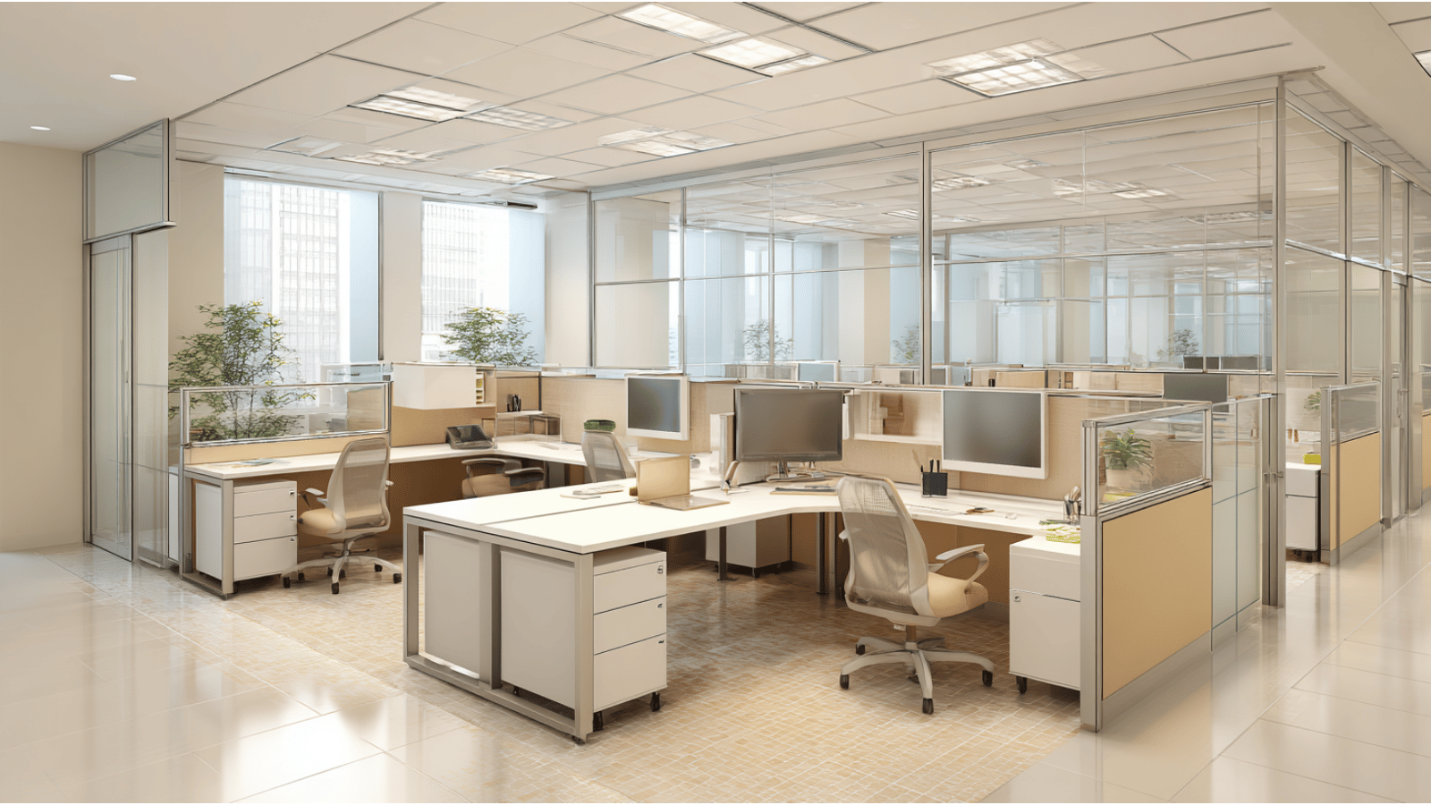 Modern glass corner workstation in a compact office.
