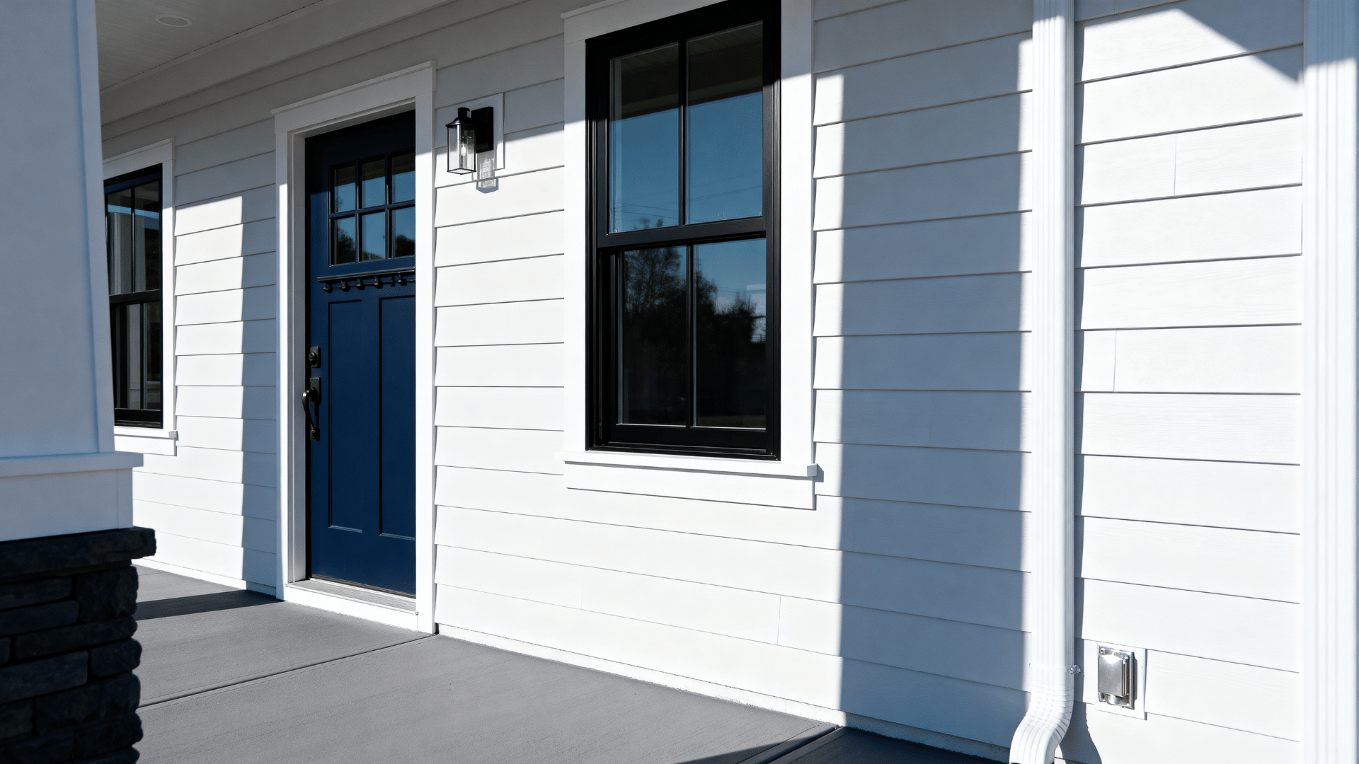 modern home with bright white trim, black windows, charcoal accents, navy door, and cool gray walkway