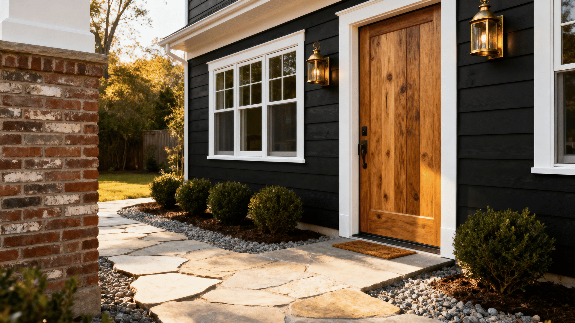 modern home with soft black charcoal siding, white trim, wood door, stone walkway, brick accents, and brass lights