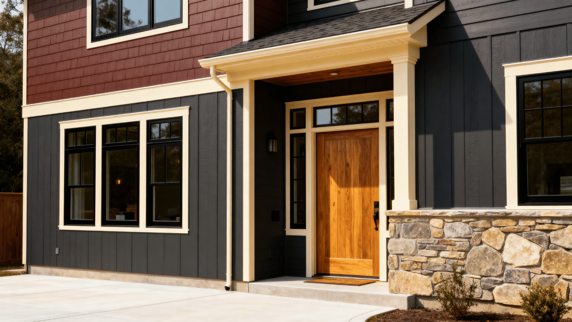 modern home with warm charcoal gray siding, cream trim, black windows, wood door, and stone accent wall (1)