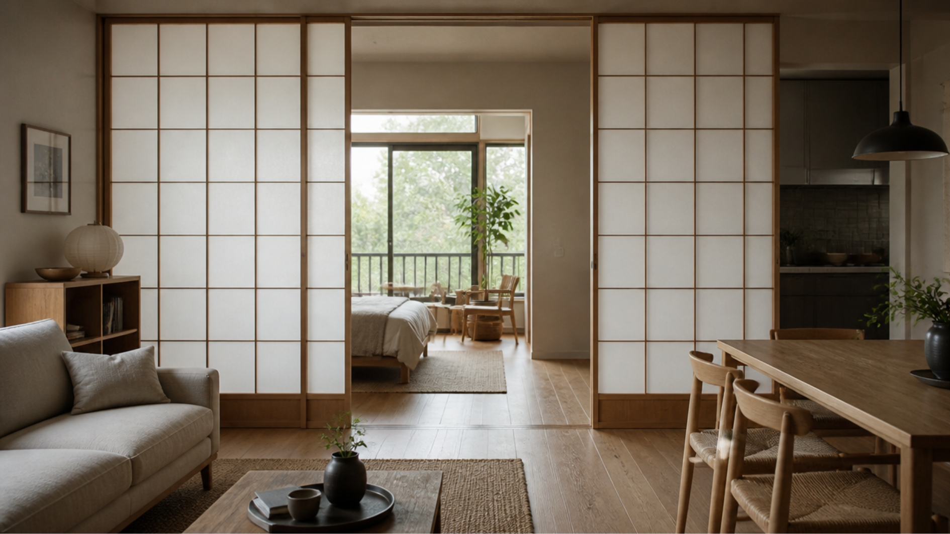 modern japanese room with shoji panels and soft natural light