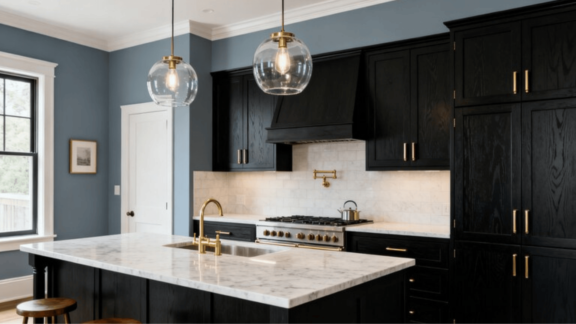 modern kitchen with black cabinets, marble island countertop, brass fixtures, glass pendant lights, and white tile backsplash