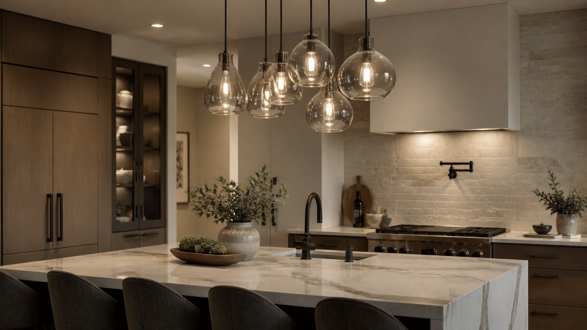 Modern kitchen with marble island, glass pendant lights, and dark wood cabinetry.