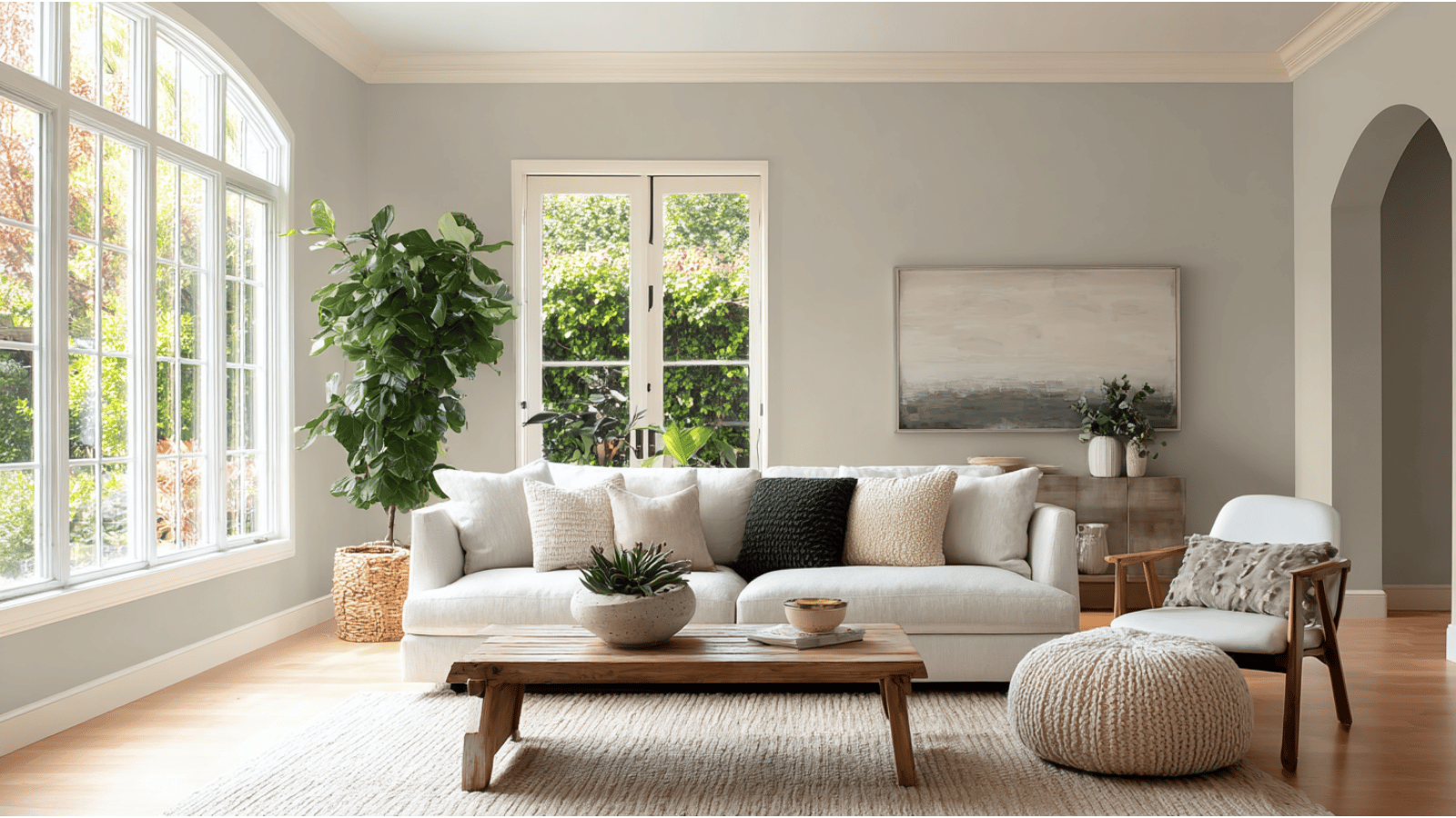 Modern living room with Agreeable Gray walls, soft lighting, neutral decor, and an airy atmosphere