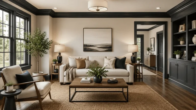 modern-living-room-with-beige-walls-dark-trim-neutral-furniture-wooden-flooring-large-windows-and-warm-natural-lighting