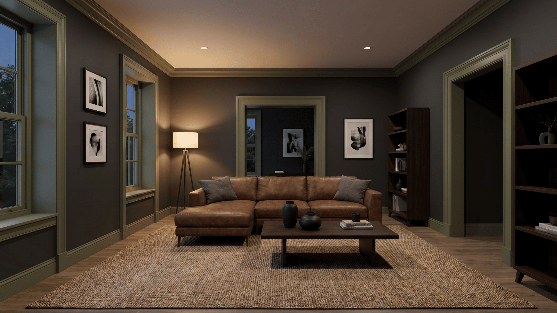 modern-living-room-with-charcoal-walls-muted-olive-trim-leather-furniture-and-warm-moody-lighting