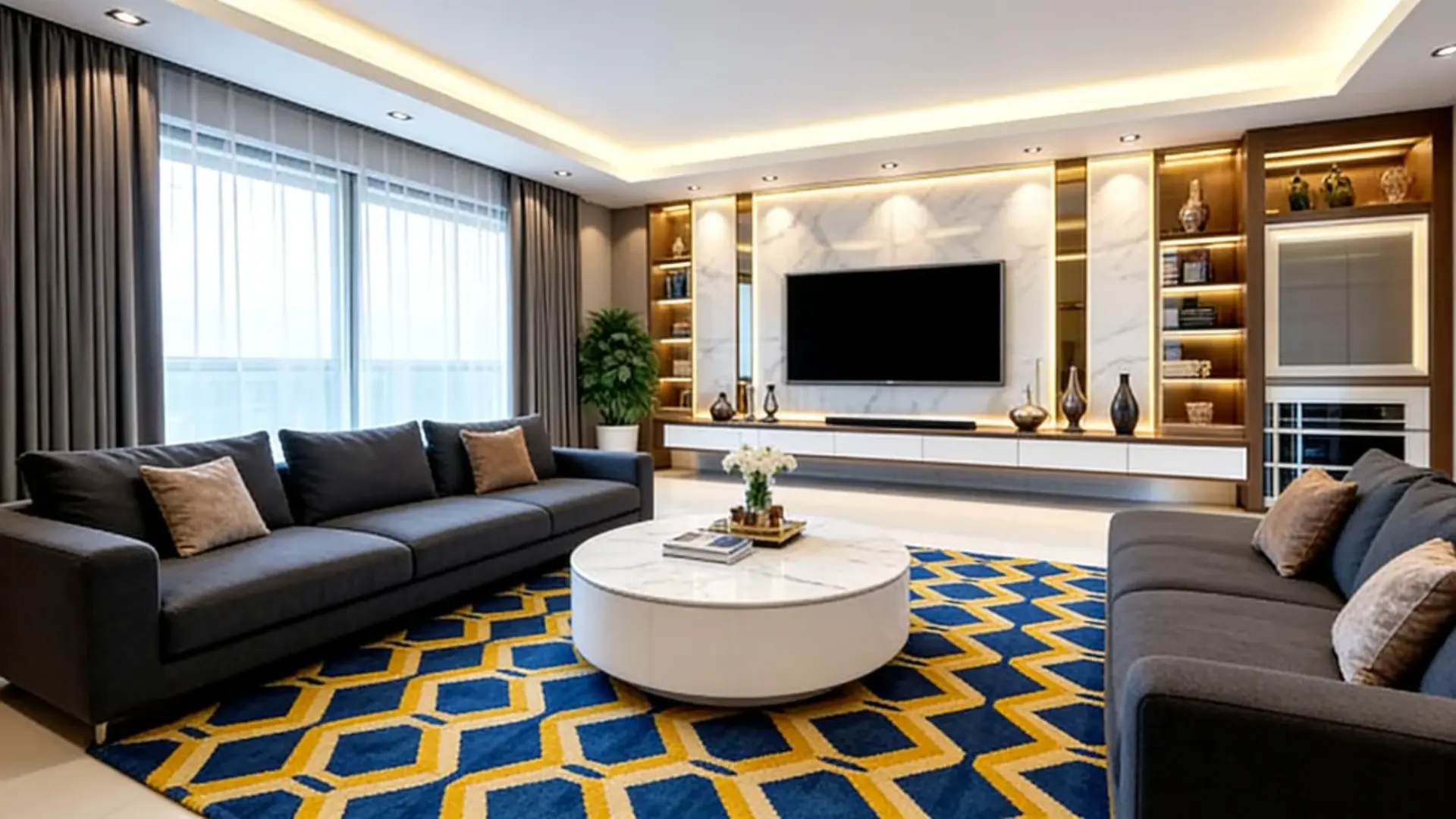 Modern living room with dark sofas, marble TV wall, warm lighting, and patterned rug.
