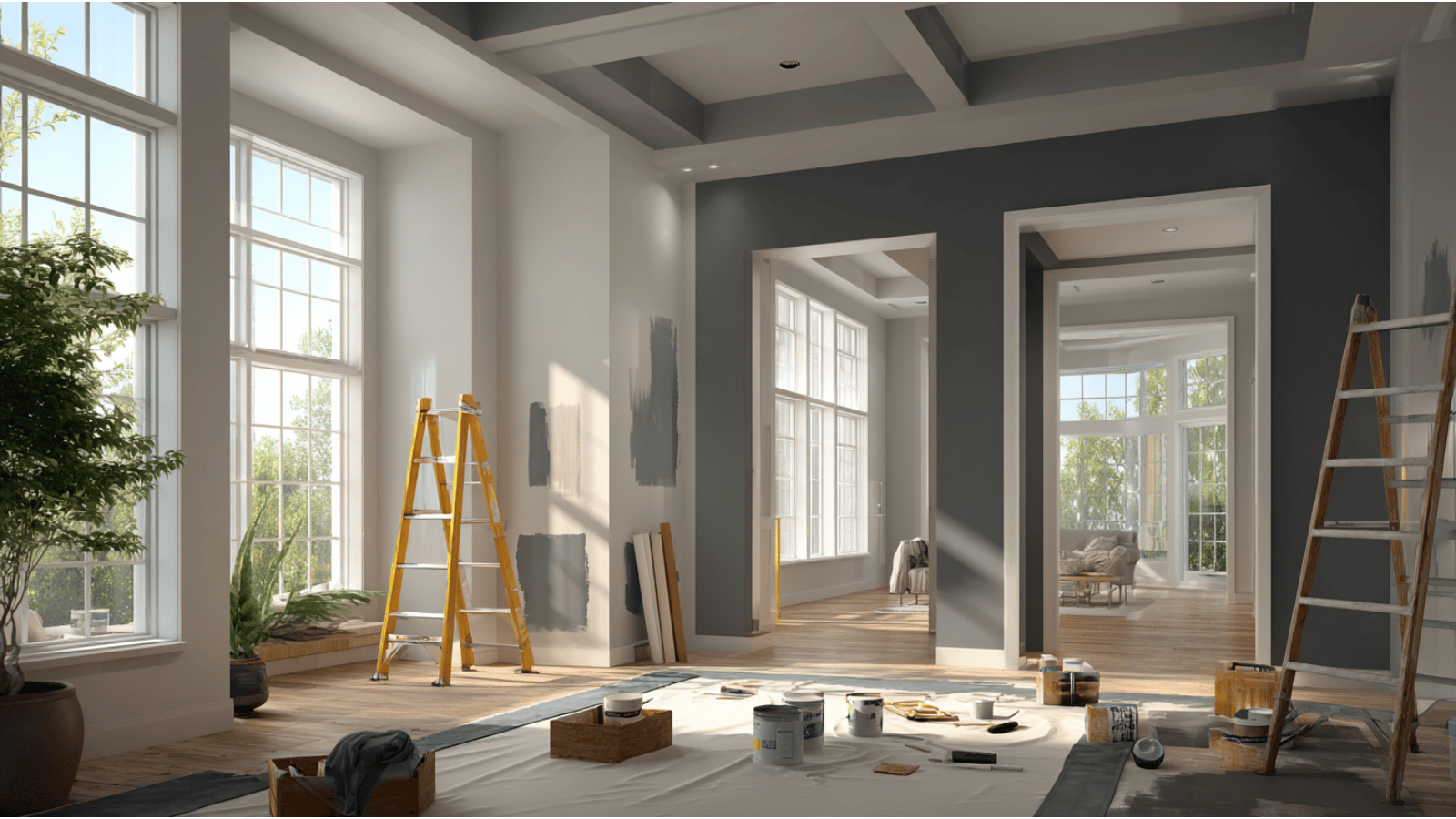 Modern living room with painters, ladders, paint trays, and freshly painted walls during interior painting work.