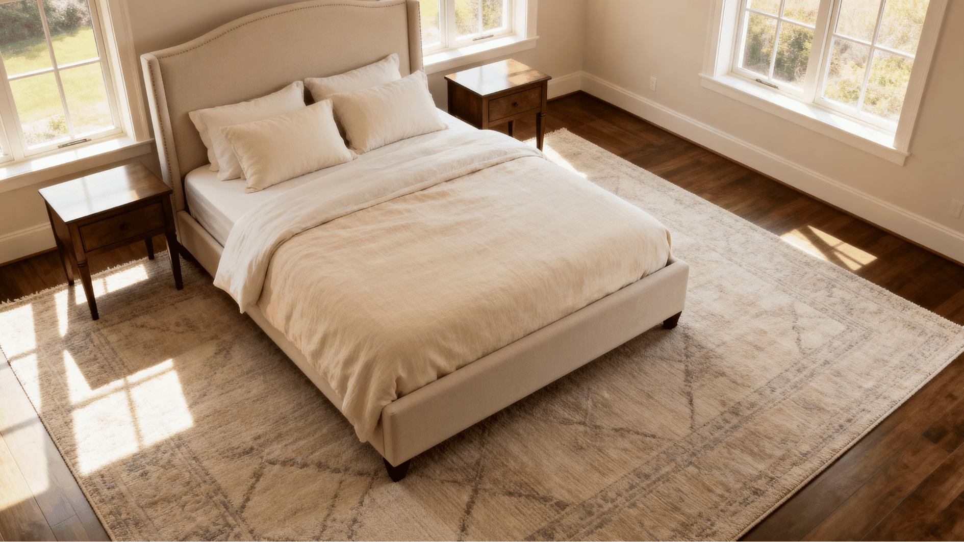 modern master bedroom with king bed fully placed on oversized 9x12 rug and both nightstands resting completely on rug