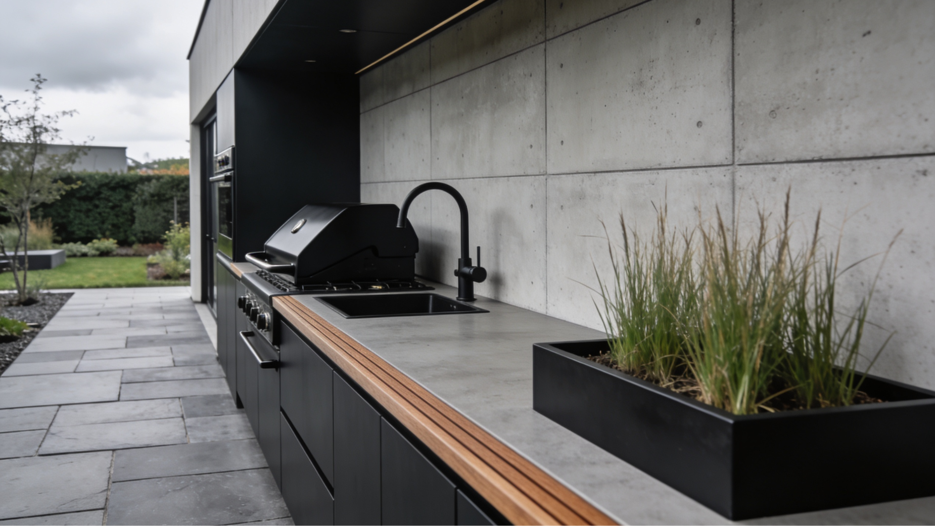modern minimalist outdoor kitchen with concrete panels, matte black appliances, and teak wood counter edge