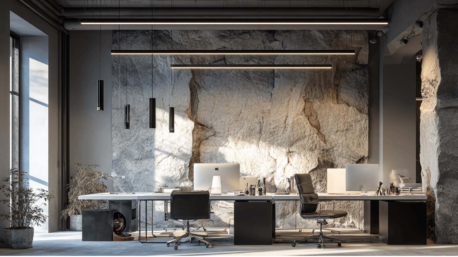Modern monochrome office with black and white decor.