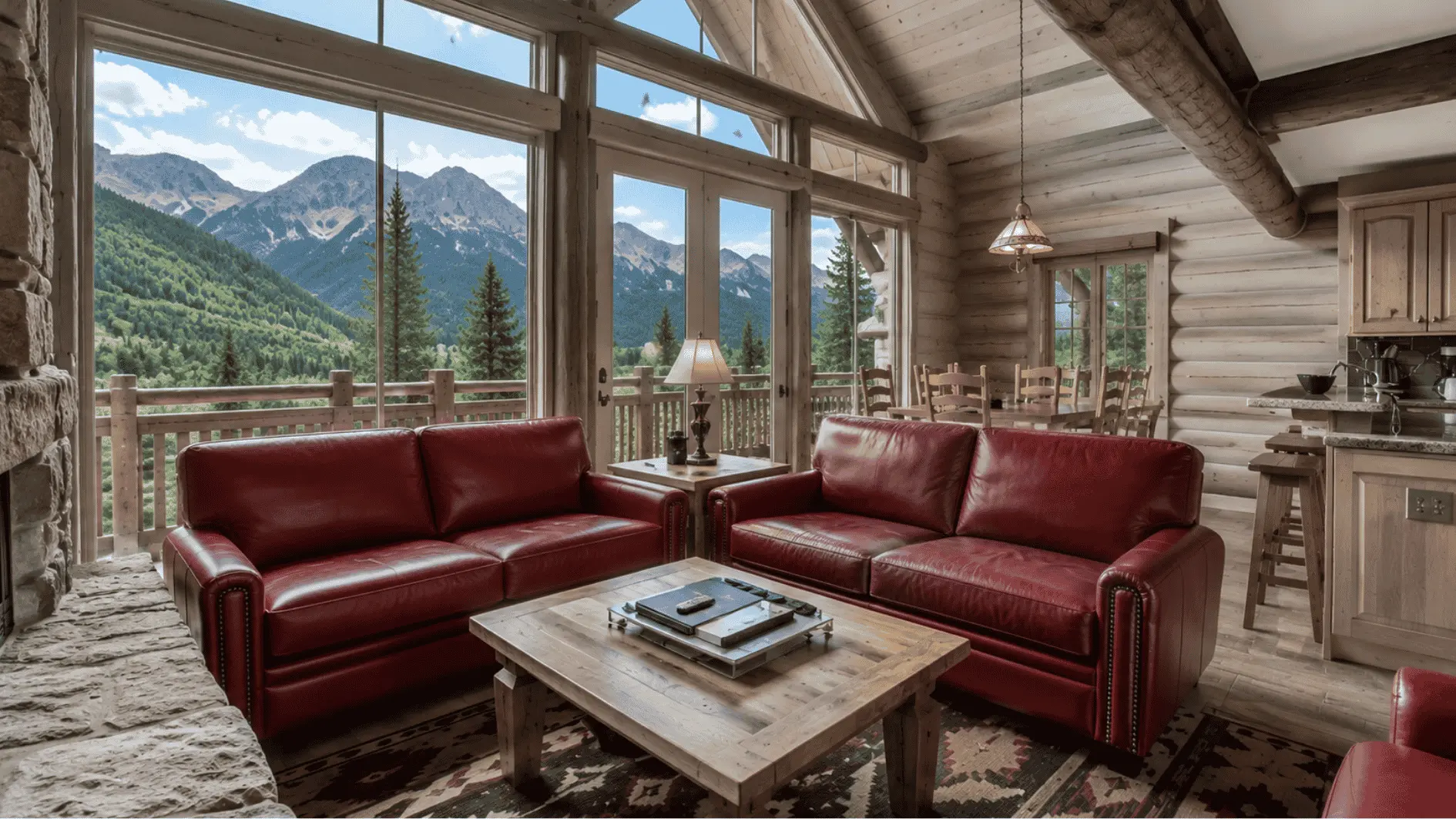 modern mountain cabin interior with large windows, stone fireplace, wood textures, and cozy modern furniture