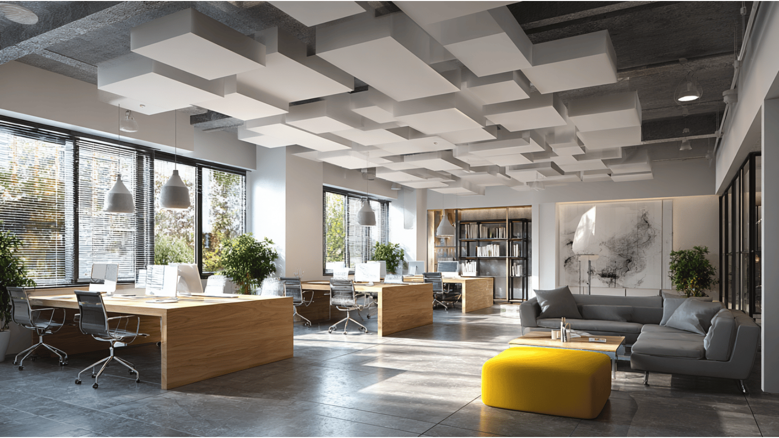 Modern office with creative ceiling lighting setup.