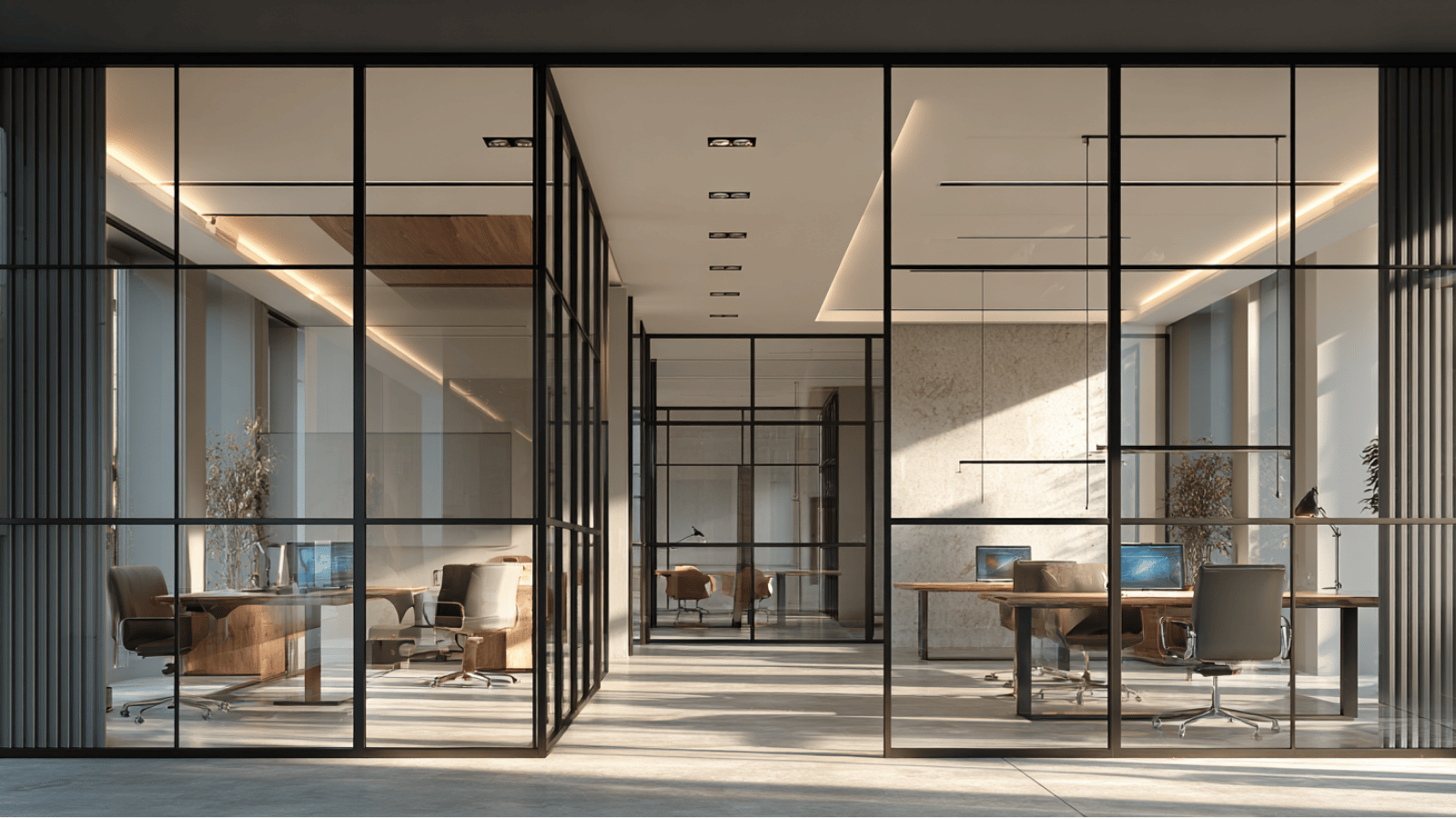 Modern office with glass partitions and warm LED lighting.
