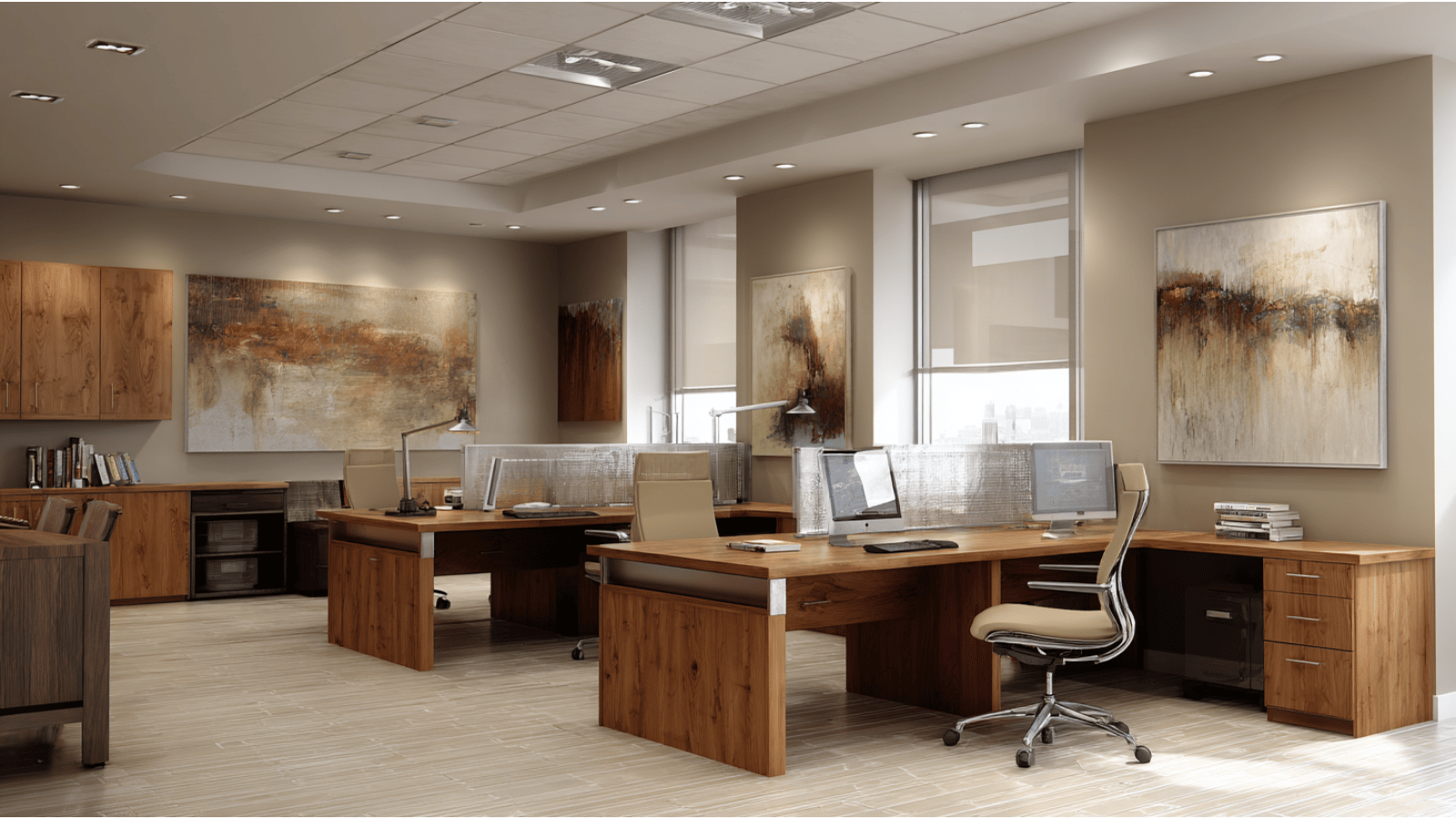 Modern office with wooden decor and warm lighting.