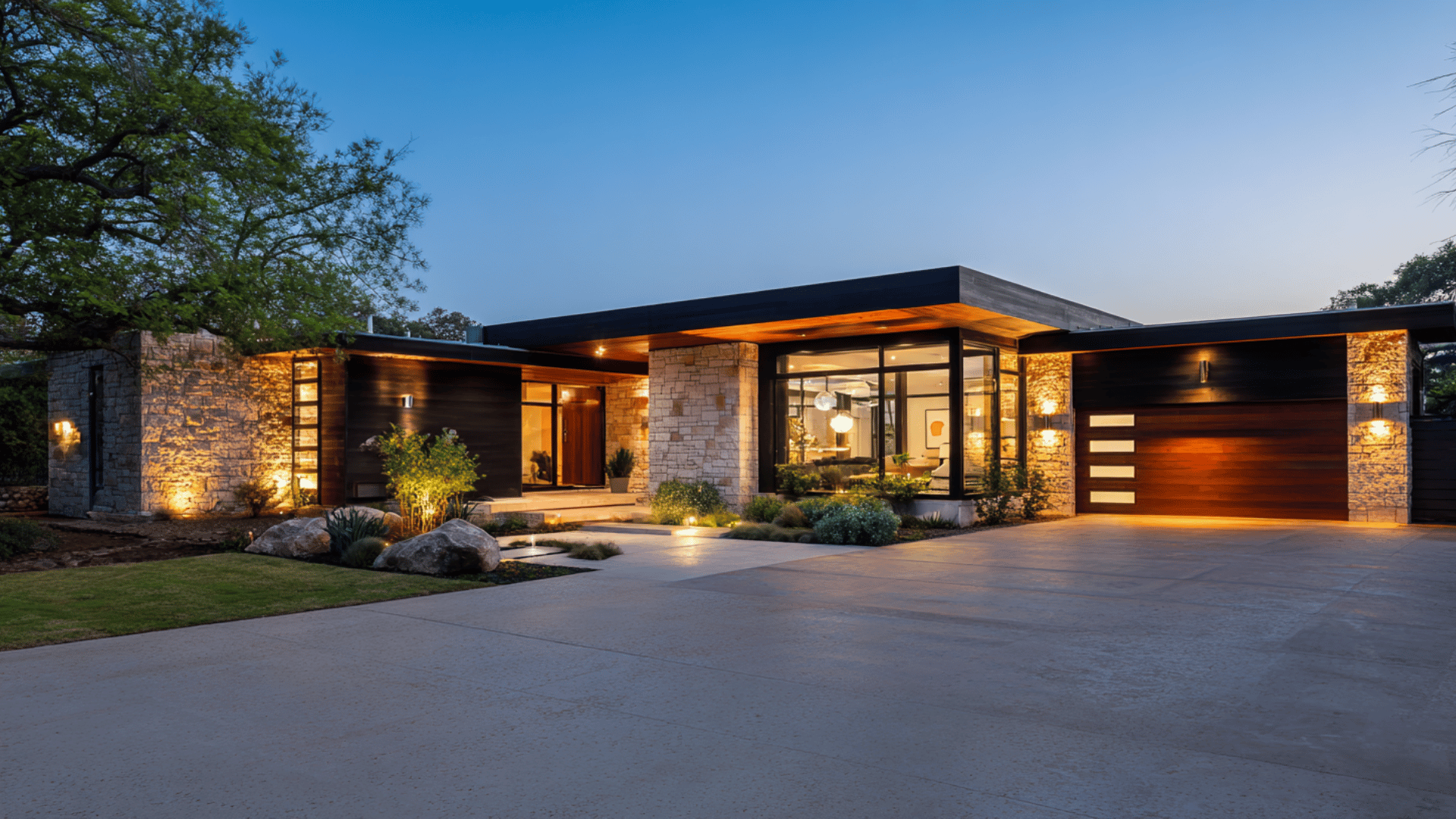 modern ranch house on roadside in evening