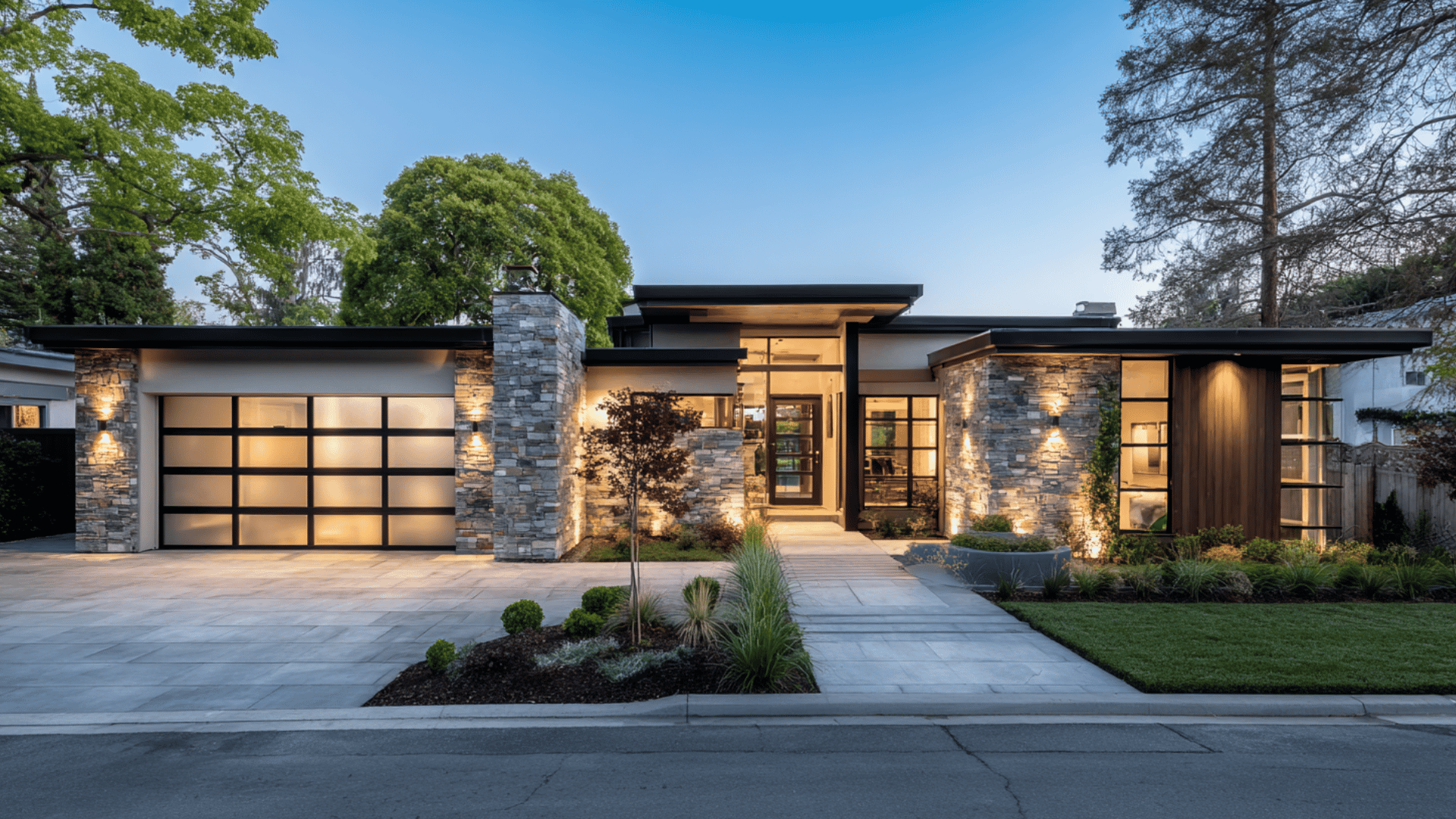 modern ranch style house with lightening and garage attached