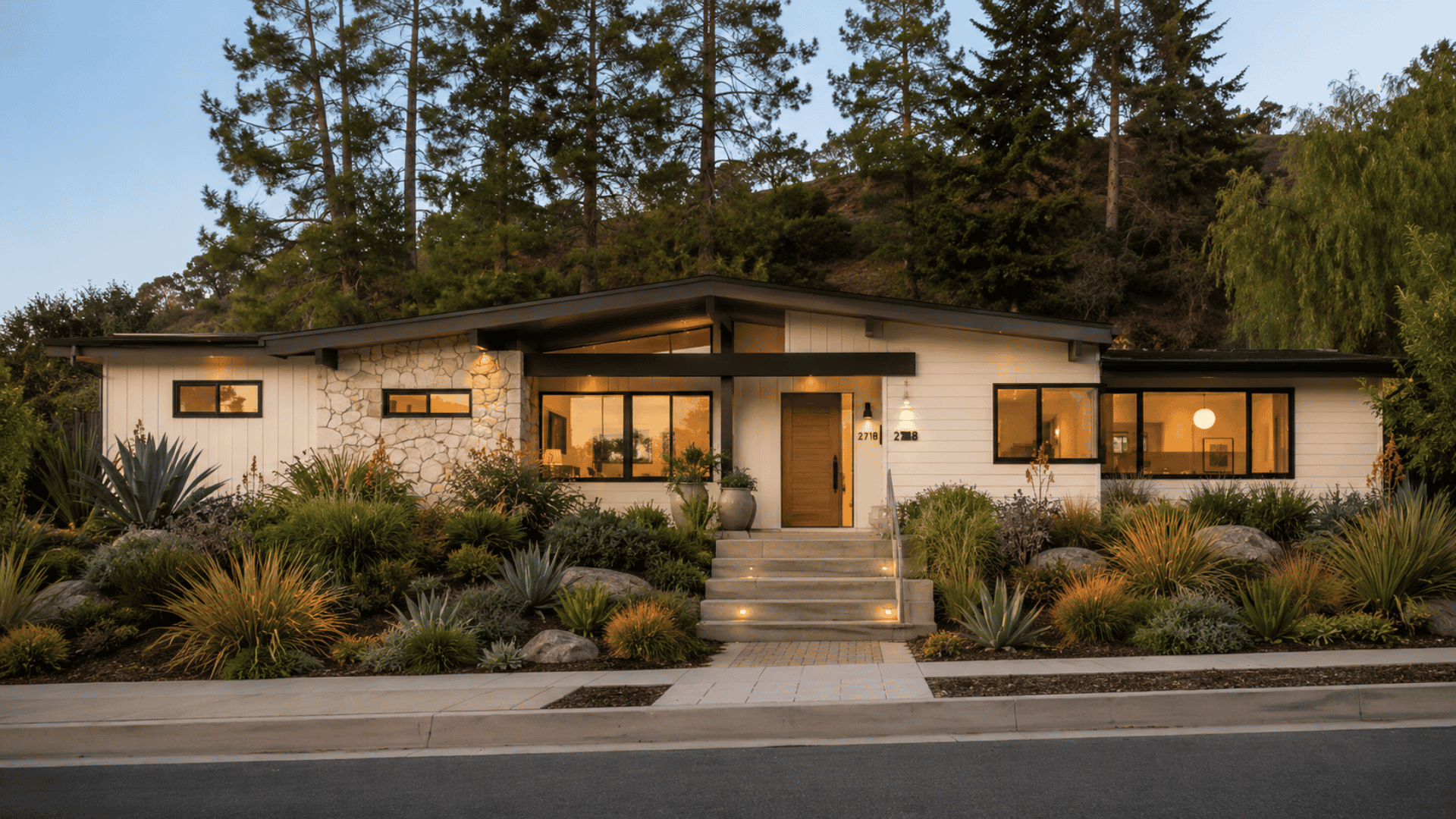 Modern suburban california ranch house at dusk
