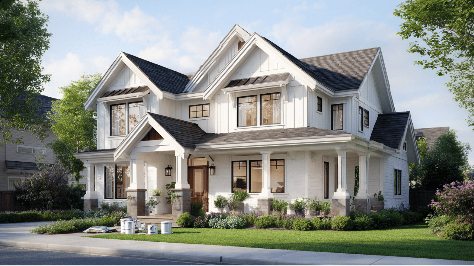 Modern white farmhouse-style house exterior with fresh paint, black roof, green lawn, and bright daylight view.