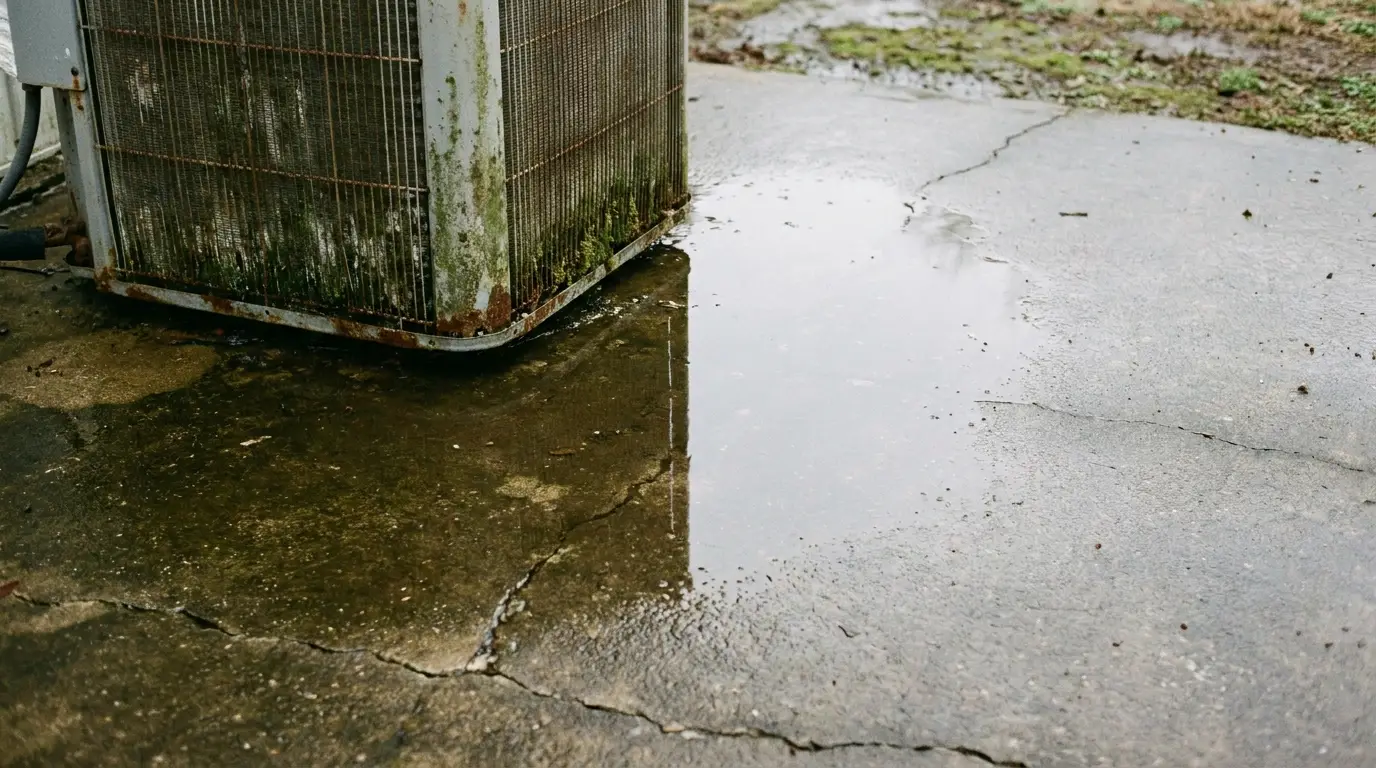Rusty outdoor air conditioning unit on wet concrete with visible water puddle
