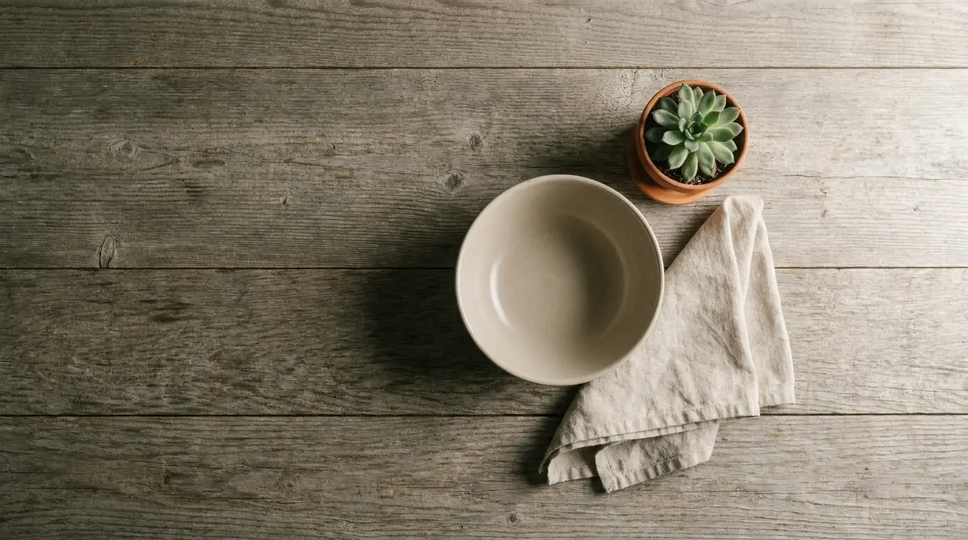 Ceramic bowl and succulent plant on rustic wooden table with a linen cloth