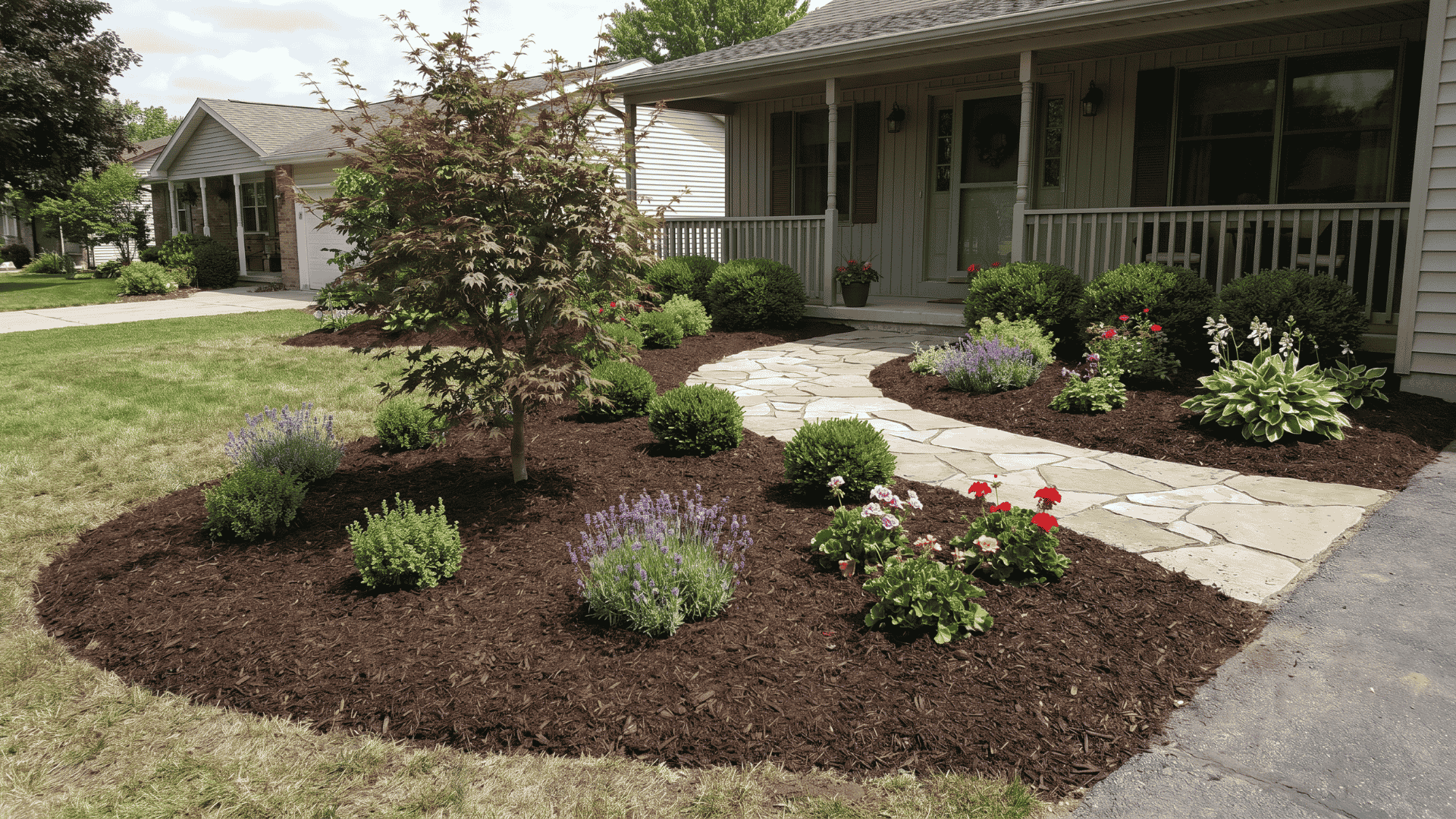 Mulched garden beds around shrubs and trees in a front yard.
