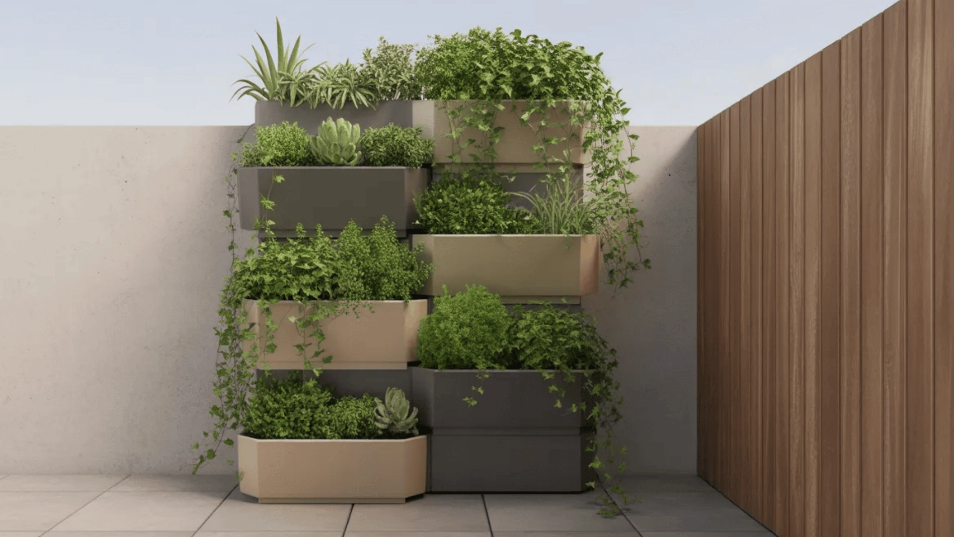 Multiple planters stacked vertically with plants growing in each level
