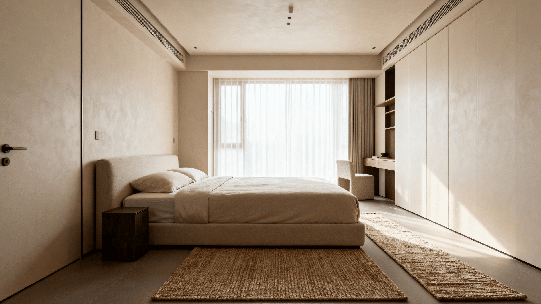 narrow bedroom with runner rugs on both sides of king bed creating soft walking space and balanced room layout