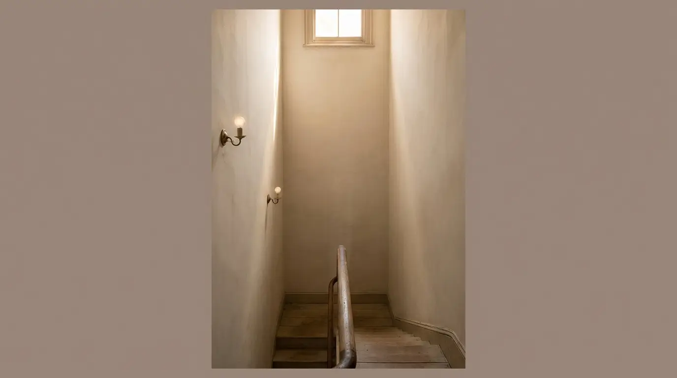 Narrow staircase with wooden railing and wall-mounted lights in dimly lit interior