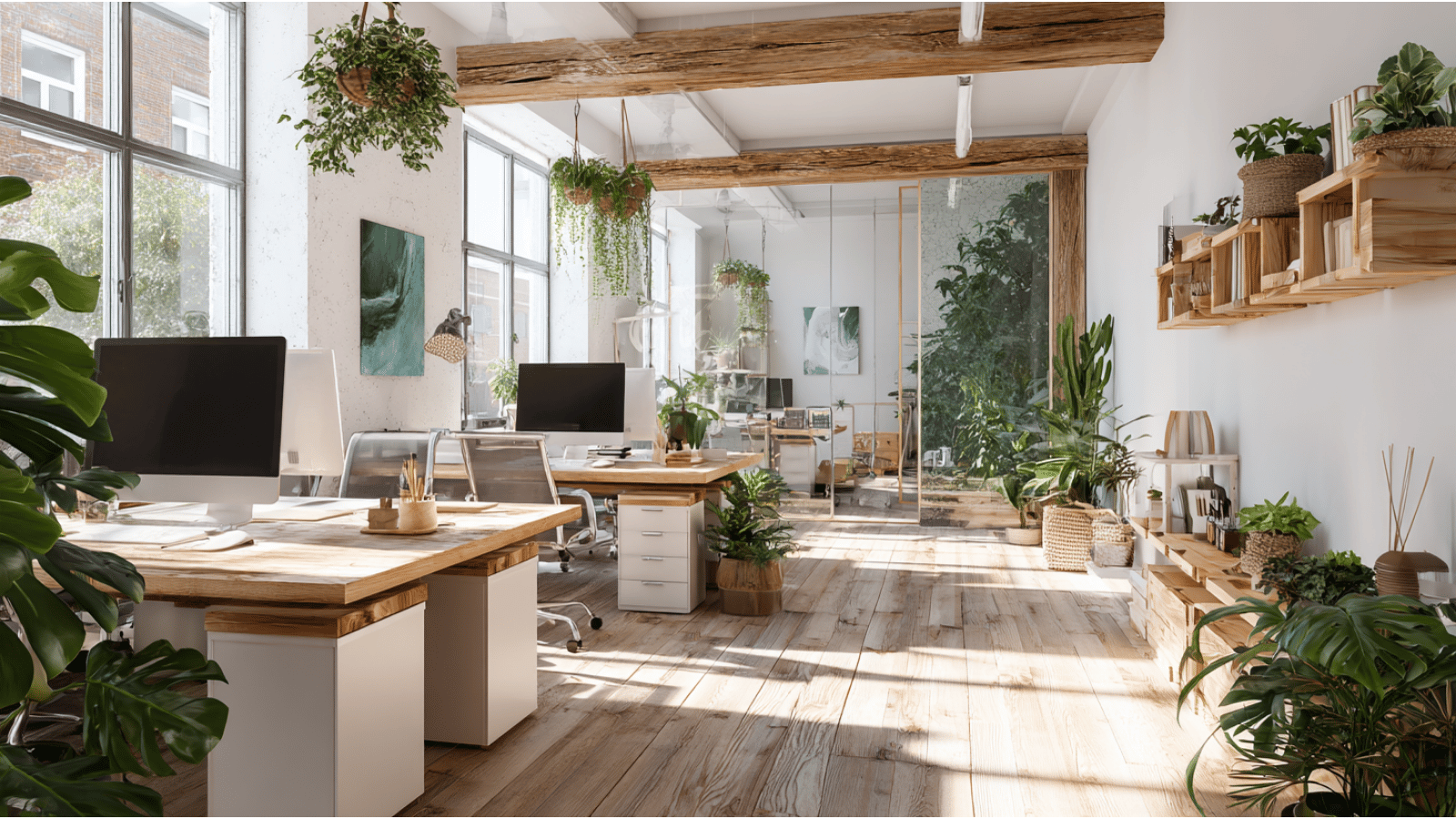 Nature-inspired office with indoor plants and sunlight