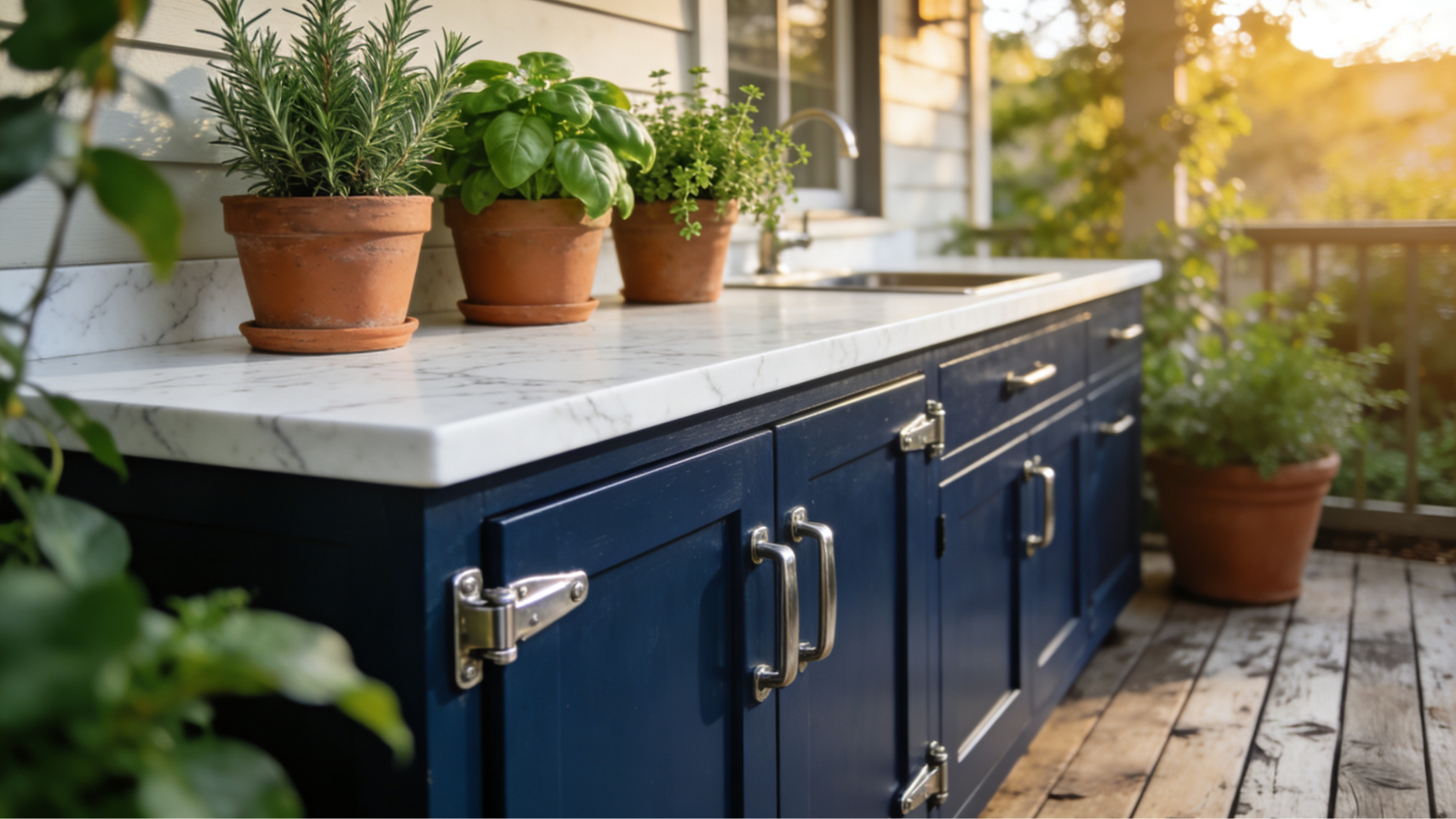 navy blue outdoor kitchen cabinets with a concrete countertop and stainless steel hardware