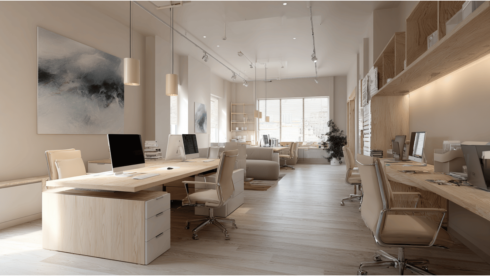 Neutral tone office interior with soft modern decor.