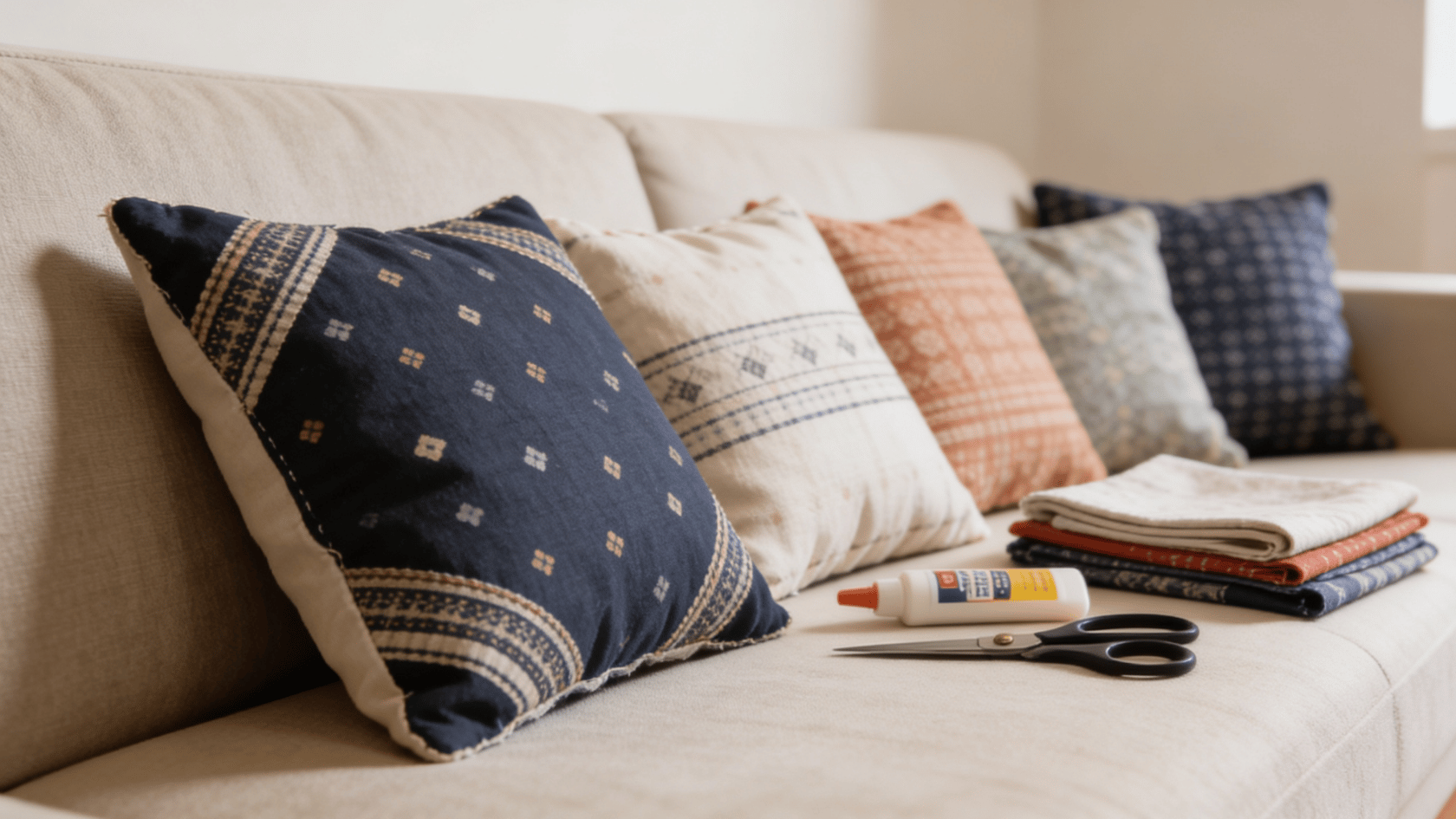 No-sew throw pillow covers on a couch with fabric, scissors, and fabric glue nearby