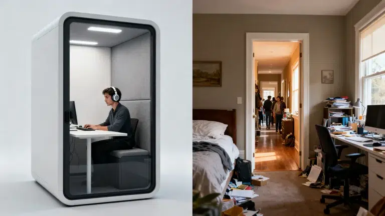Modern pod with man using computer and headphones next to cluttered home office with natural light