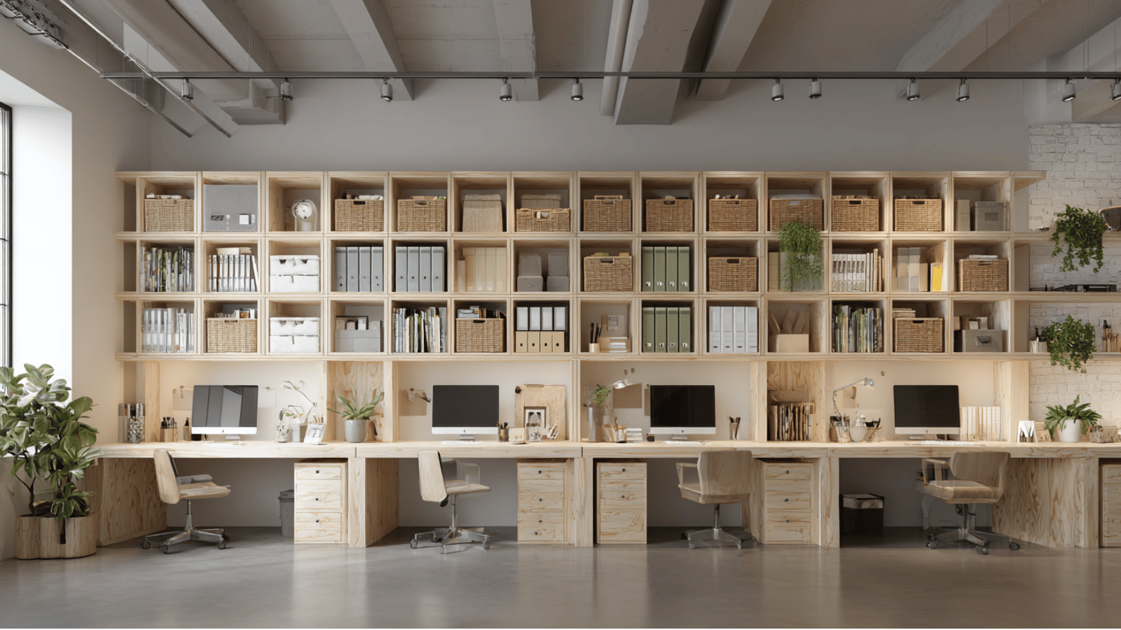 Office with tall vertical storage shelves and organized workspace.