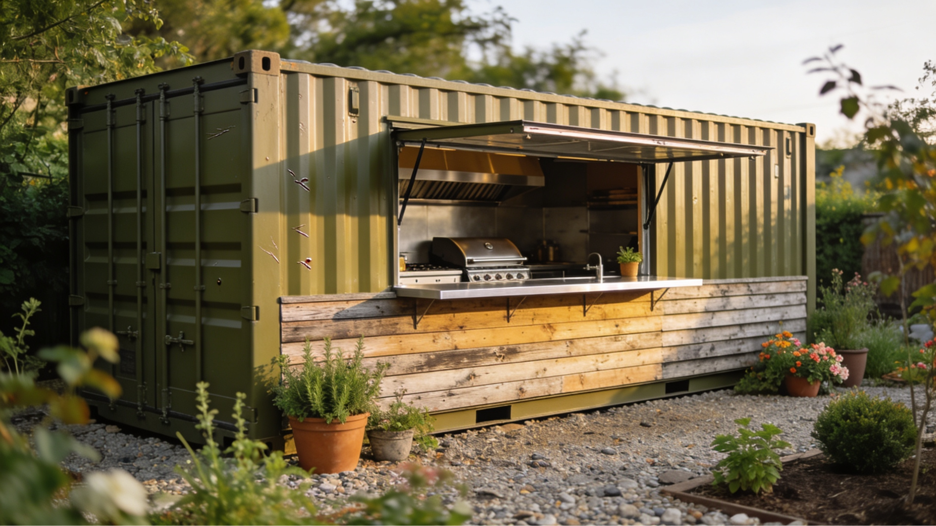 olive green shipping container converted into an outdoor kitchen with a wood panel exterior