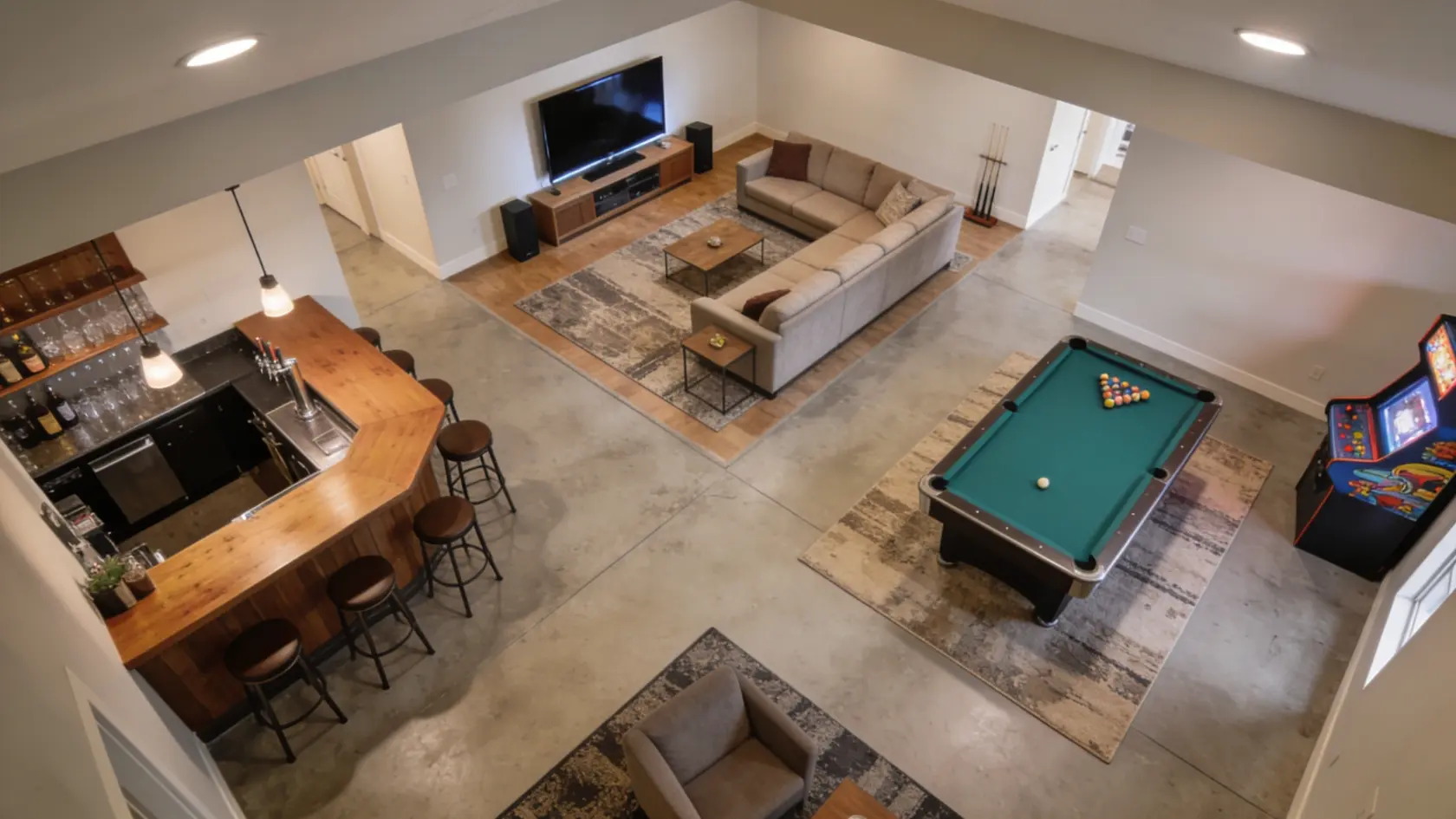 Open basement with bar area, seating with TV, and game space separated by rugs and furniture