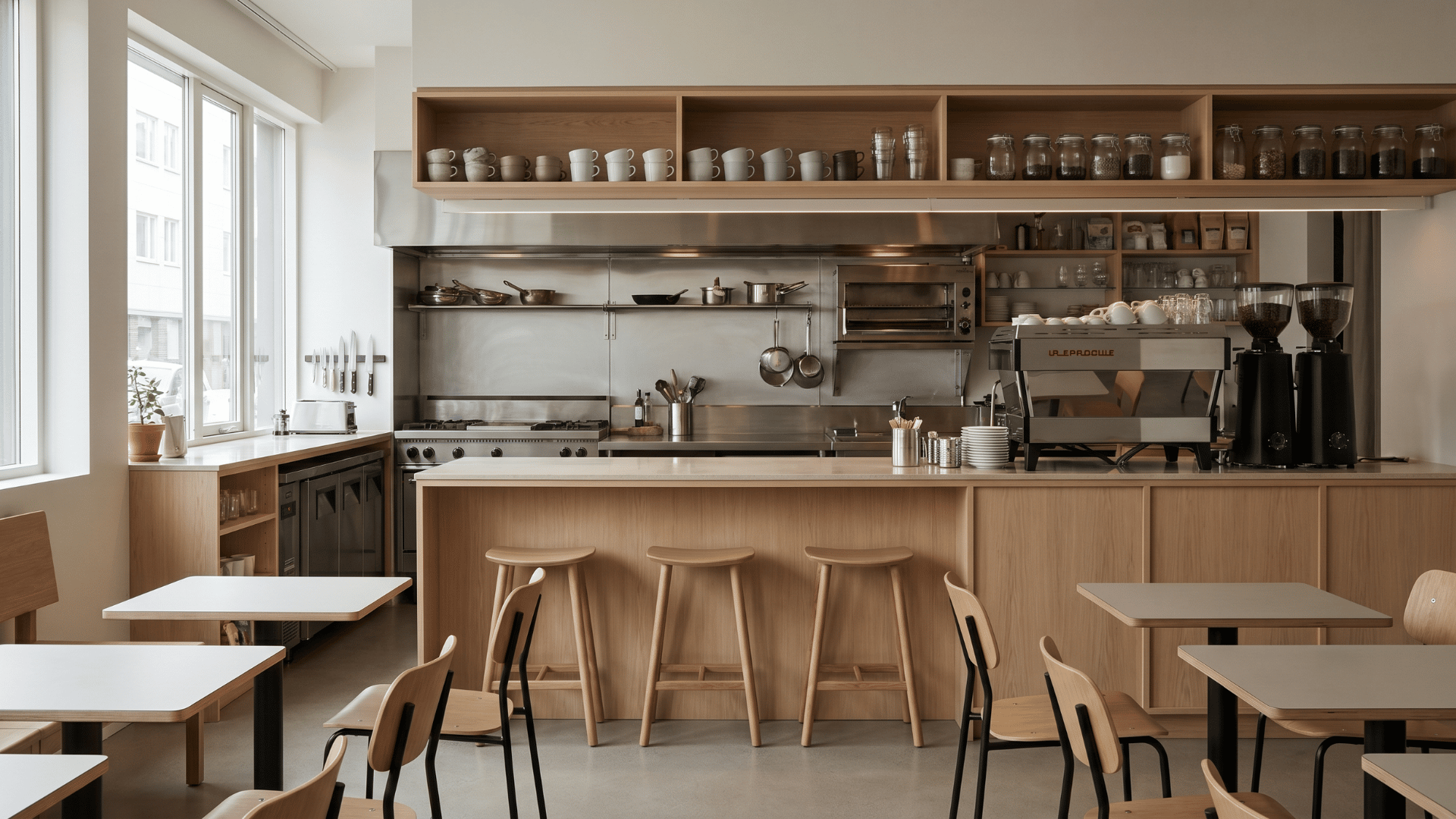 Open cafe kitchen with a clean counter and seating area nearby