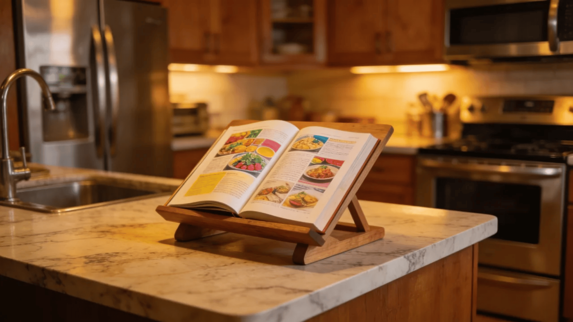 Open cookbook on kitchen counter with wooden stand and warm modern kitchen background.