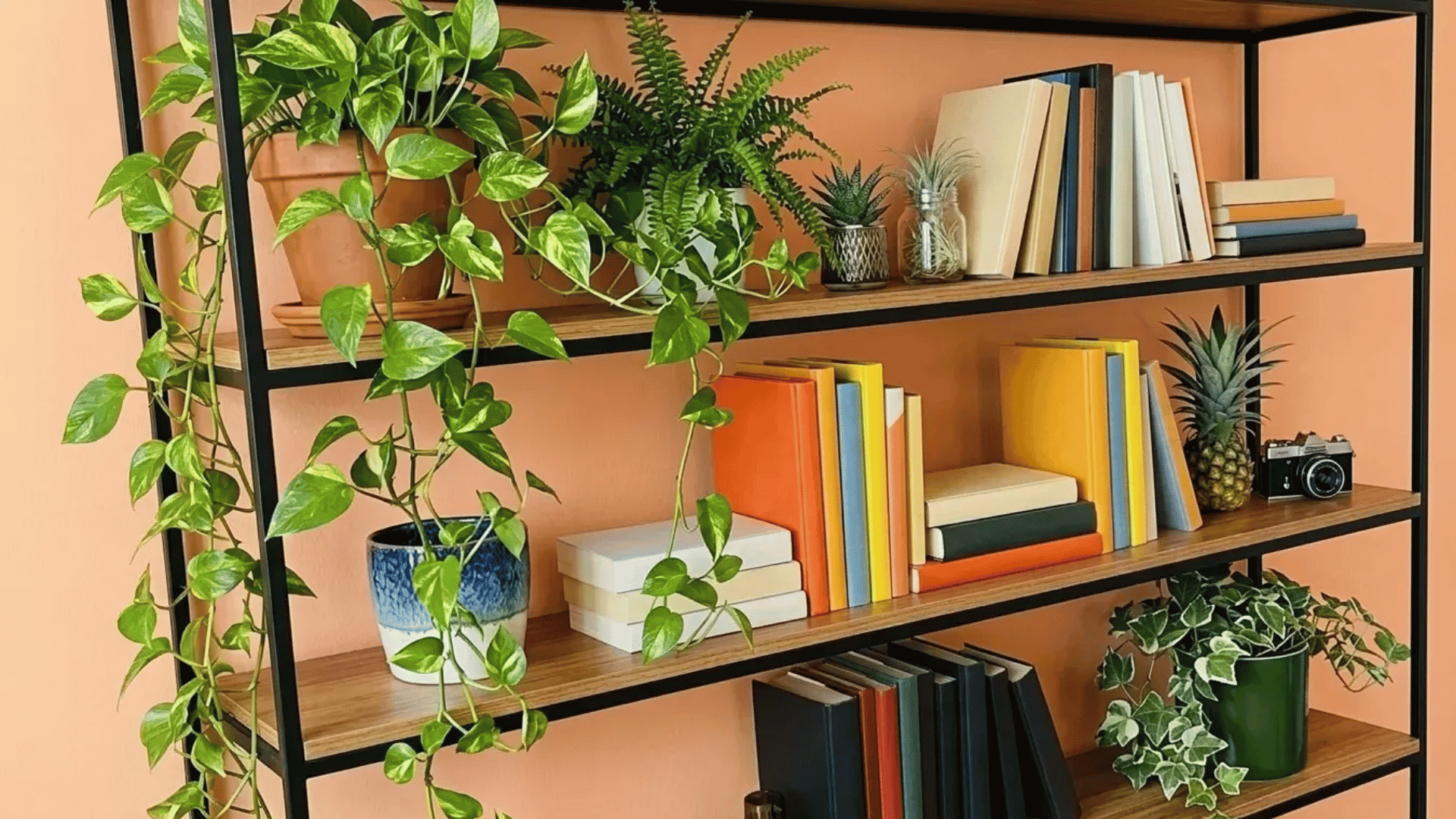 Open wooden bookshelf with colorful books, potted plants, and small decor items, spaced with visual balance and gaps.