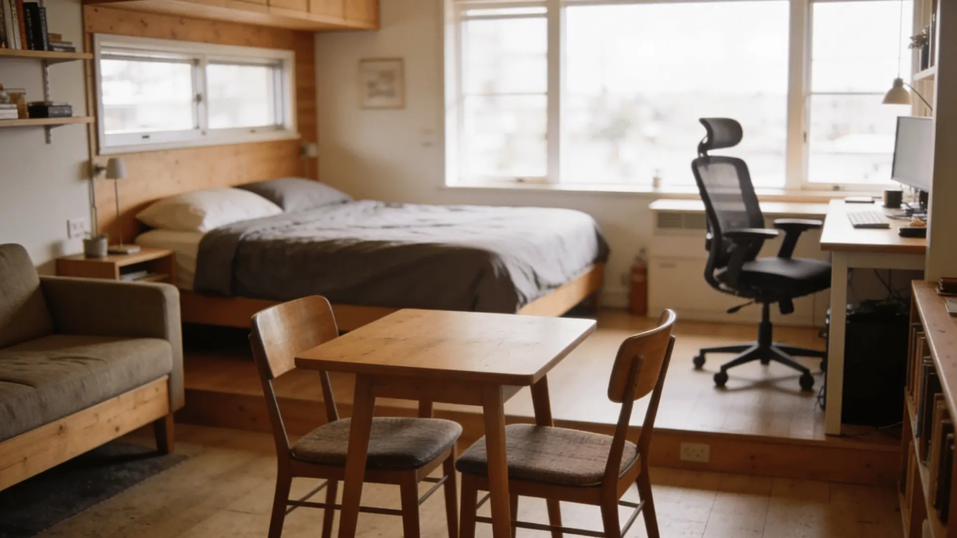 Optimized layout of a 250-square-foot apartment with separate zones for different activities.