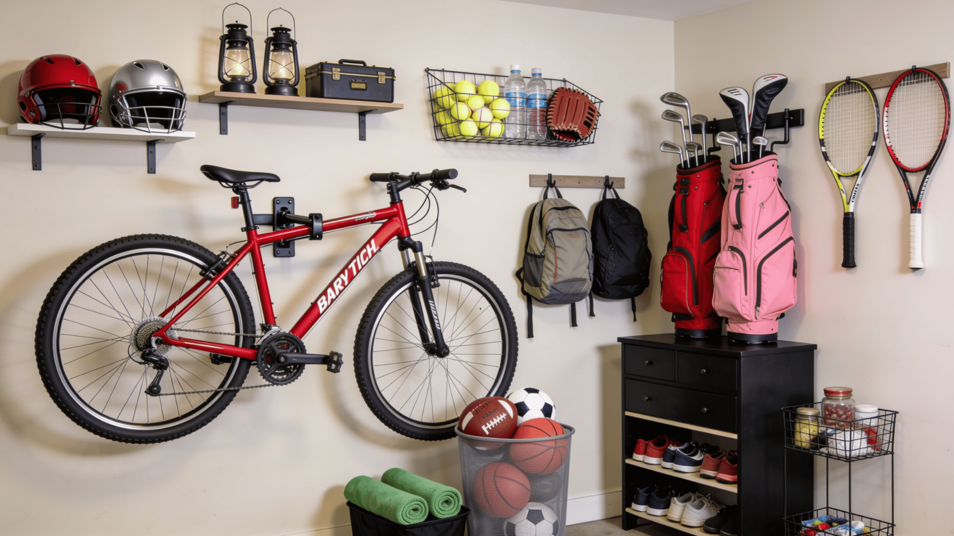 organized garage sports storage with wall mounted bicycle golf clubs helmets backpacks rackets and ball basket