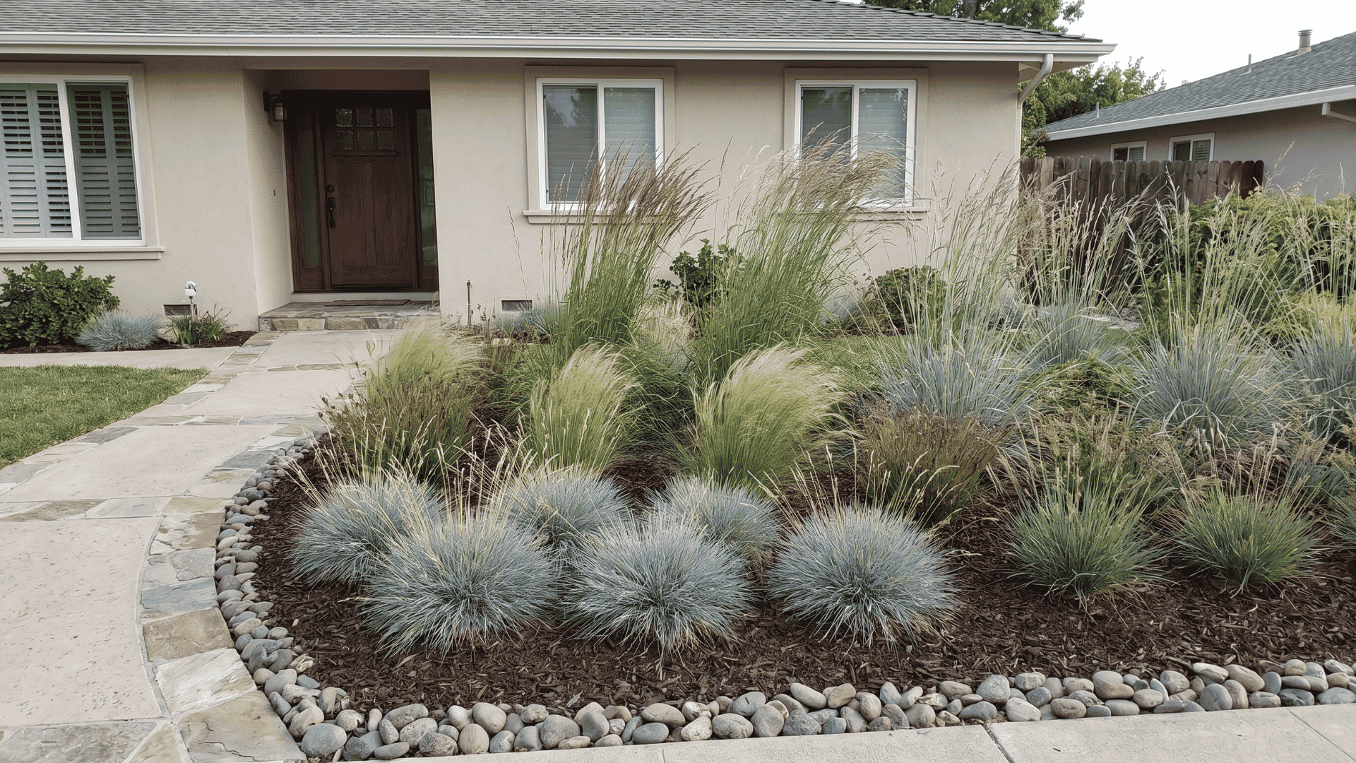 Ornamental grasses like fountain grass and blue fescue swaying in front yard beds.