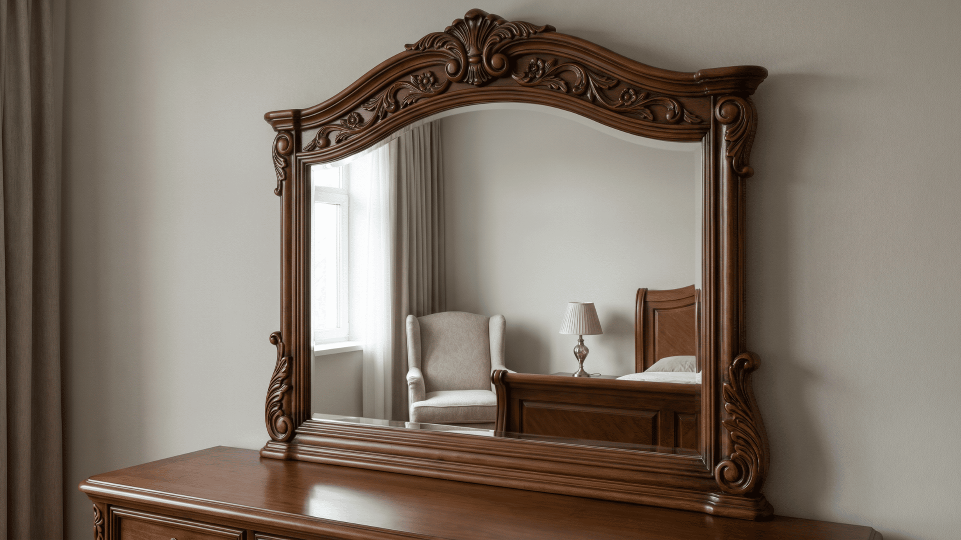 Ornate mirror with a decorative frame placed in a traditional bedroom