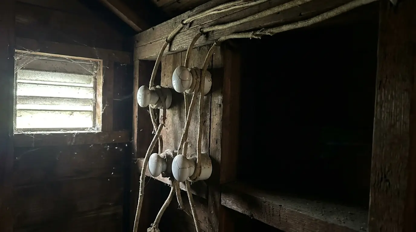 Worn ceramic knob and tube wiring inside an old wooden shed with cobwebs and dim light